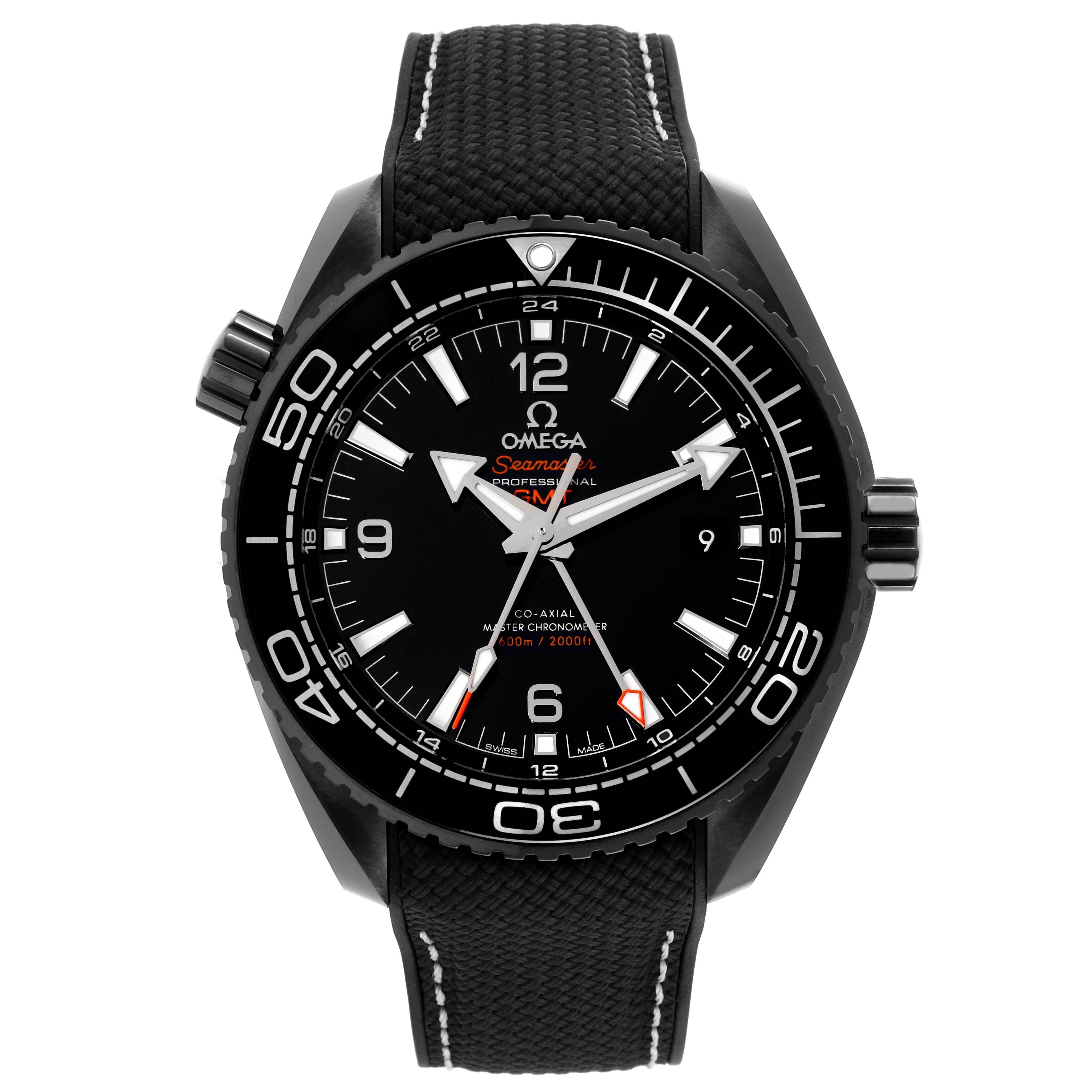 The Omega Planet Ocean 215.82.46.22.01.001 Men's Ceramic Black Dial 215.82.46.22.01.001 Men's Ceramic Black Dial watch is shown from the front, highlighting its face, bezel, and strap.