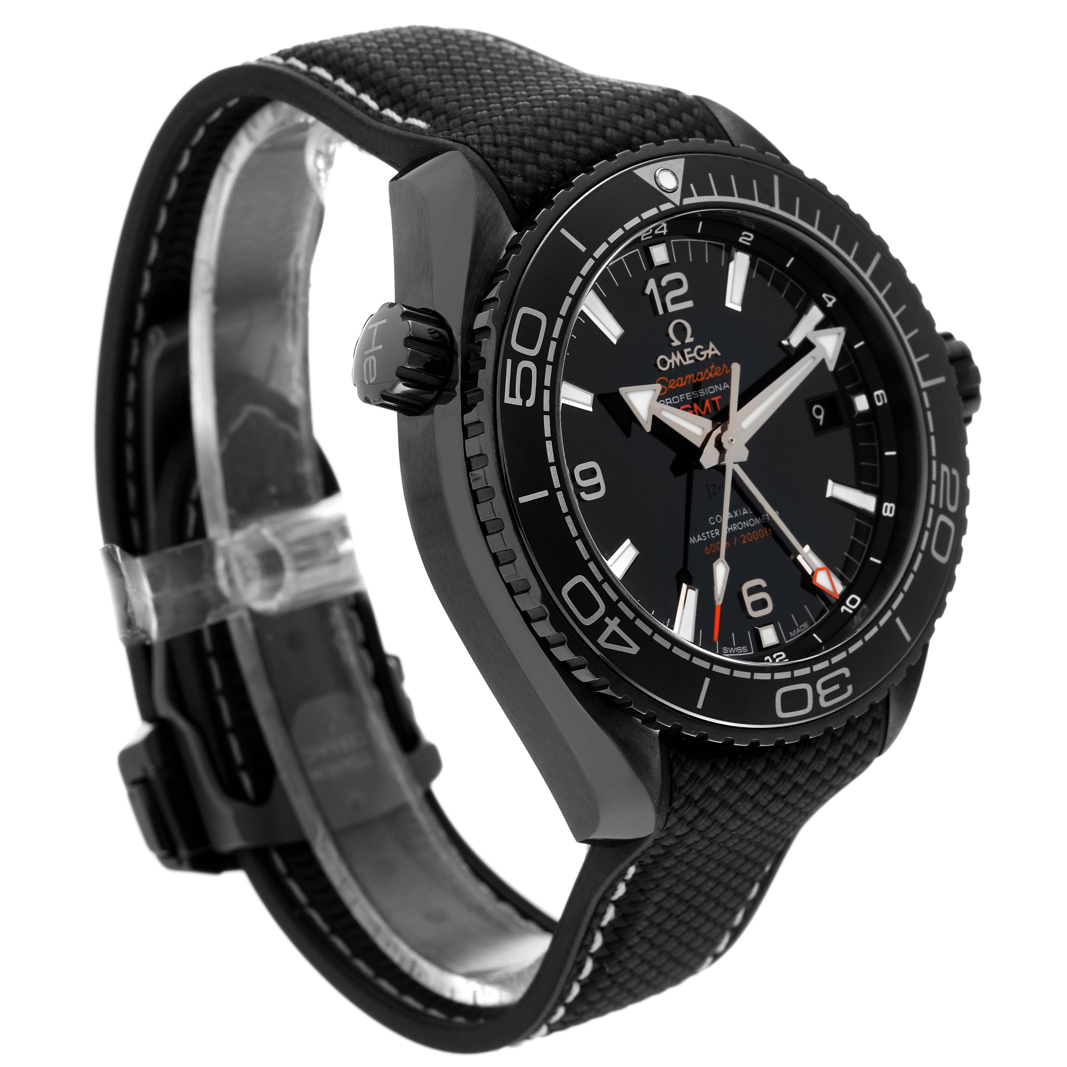 The image shows an Omega Planet Ocean 215.82.46.22.01.001 Men's Ceramic Black Dial 215.82.46.22.01.001 Men's Ceramic Black Dial watch at a three-quarter angle, displaying the face, bezel, crown, and strap.