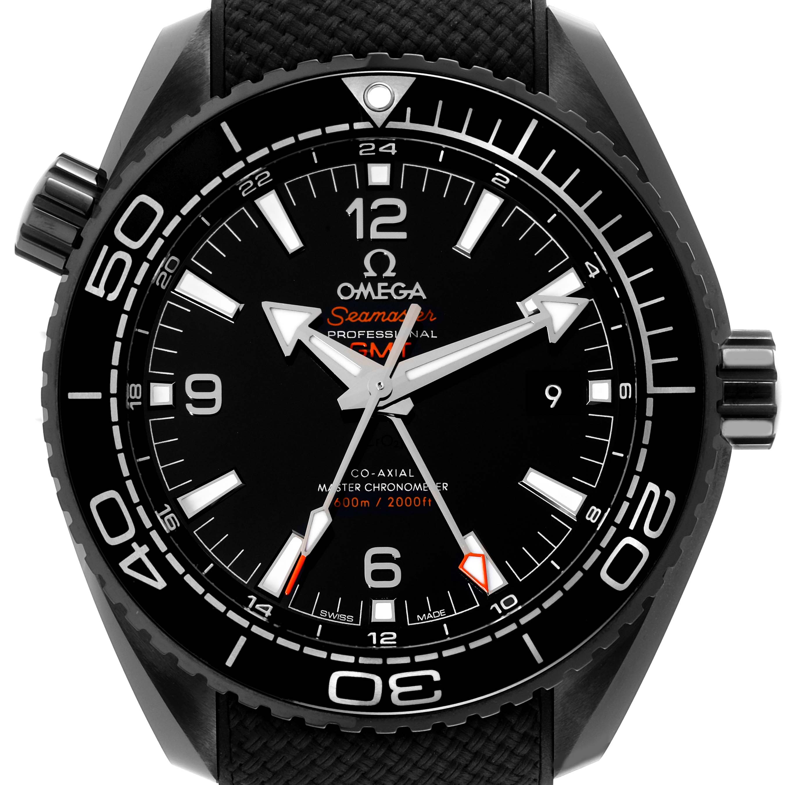 This image shows a front view of the Omega Seamaster Planet Ocean watch, highlighting the face, bezel, and crown.