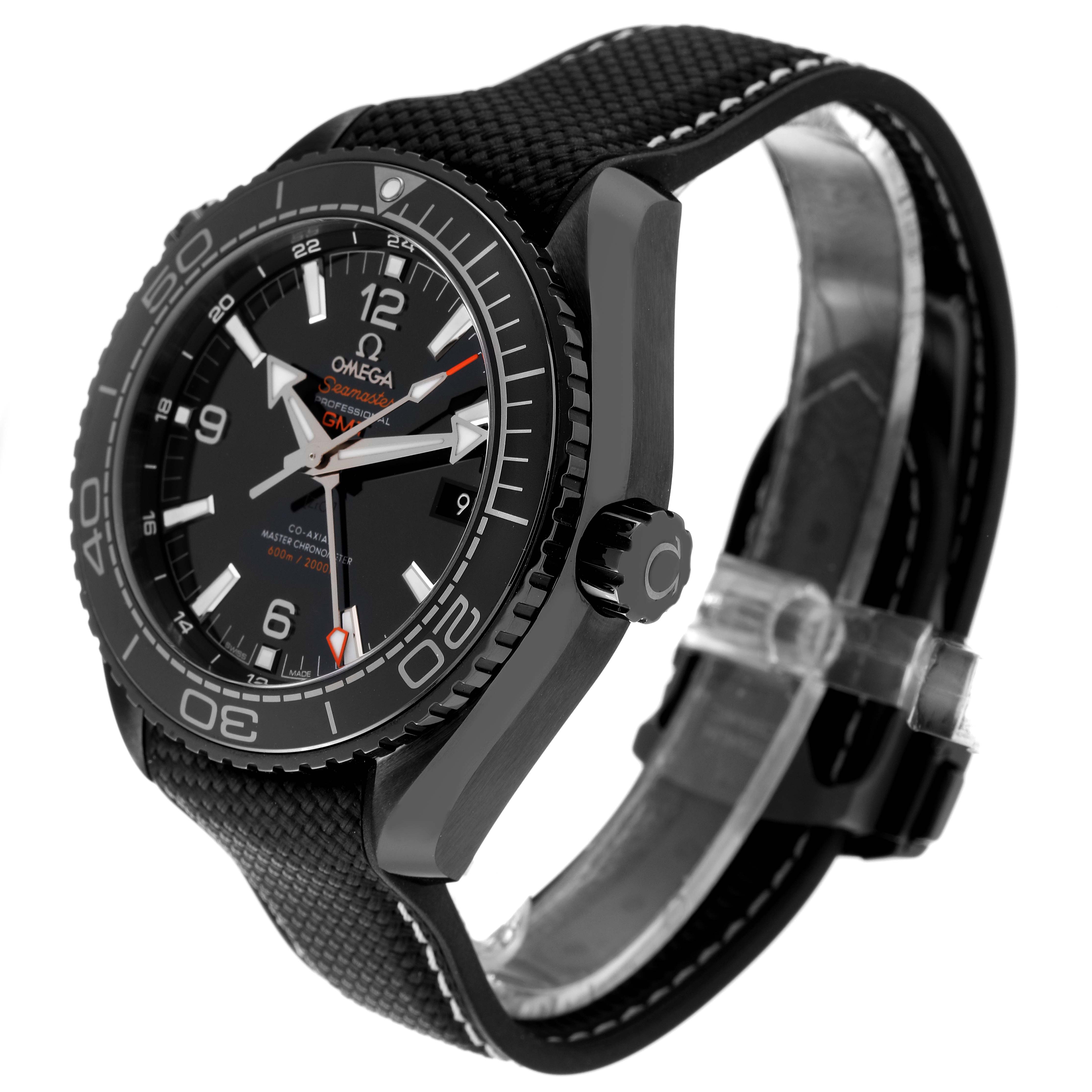 This image shows an Omega Planet Ocean 215.82.46.22.01.001 Men's Ceramic Black Dial 215.82.46.22.01.001 Men's Ceramic Black Dial watch at a slight angle from the front, displaying its face, bezel, crown, and strap.