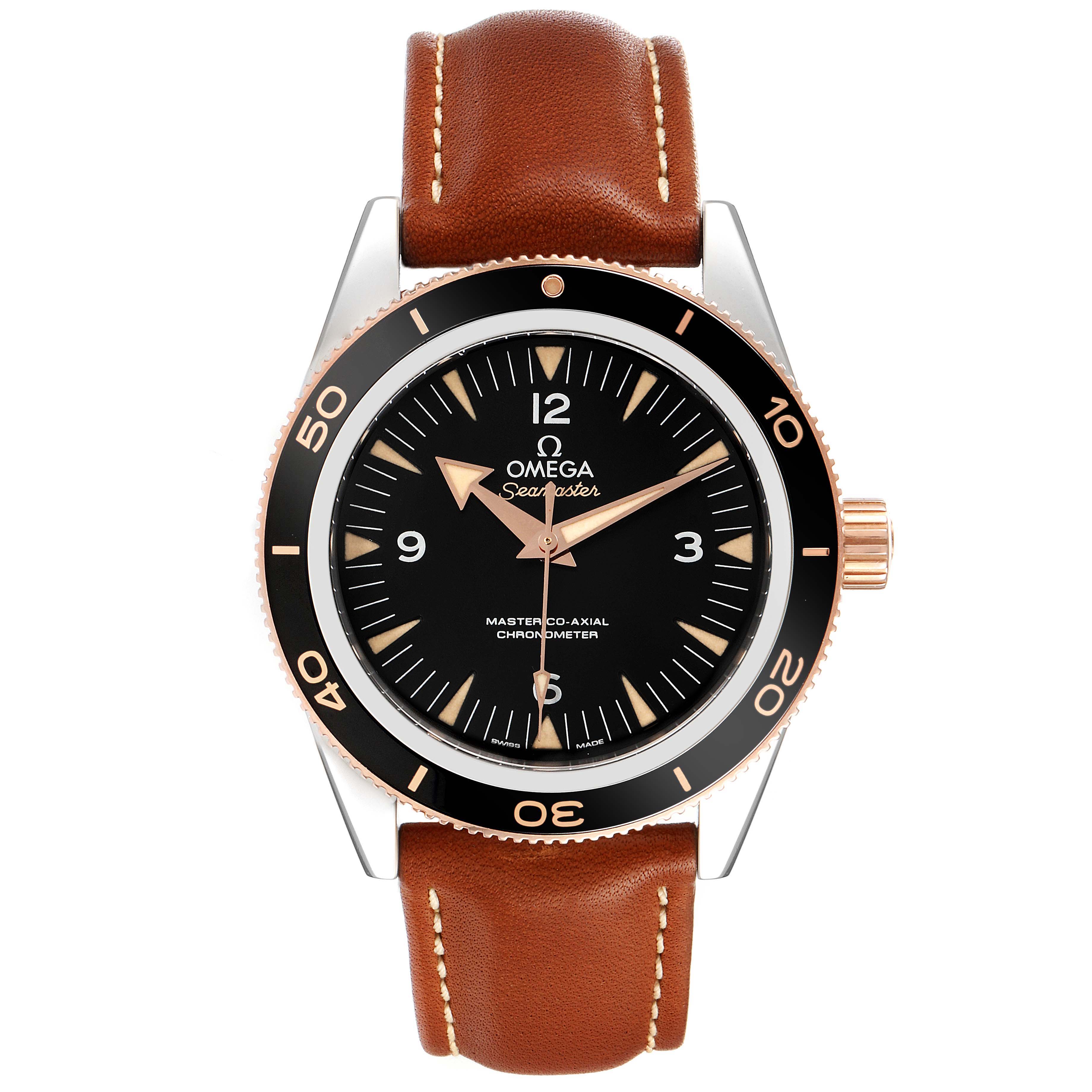 This image shows a front view of an Omega Seamaster 233.22.41.21.01.002 Men's Steel and Gold (two tone) Black Dial 233.22.41.21.01.002 Men's Steel and Gold (two tone) Black Dial watch with a brown leather strap and black dial.