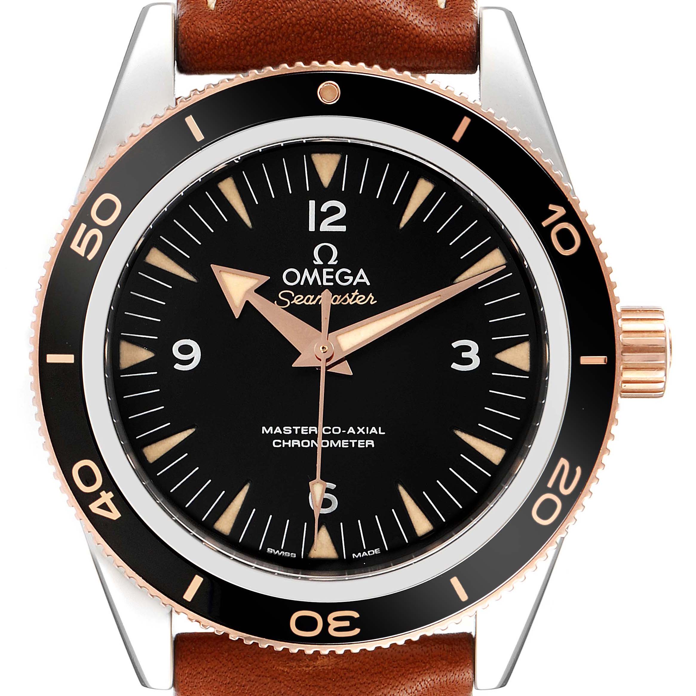 The image shows a frontal view of an Omega Seamaster 233.22.41.21.01.002 Men's Steel and Gold (two tone) Black Dial 233.22.41.21.01.002 Men's Steel and Gold (two tone) Black Dial watch, highlighting its bezel, dial, hands, and leather strap.