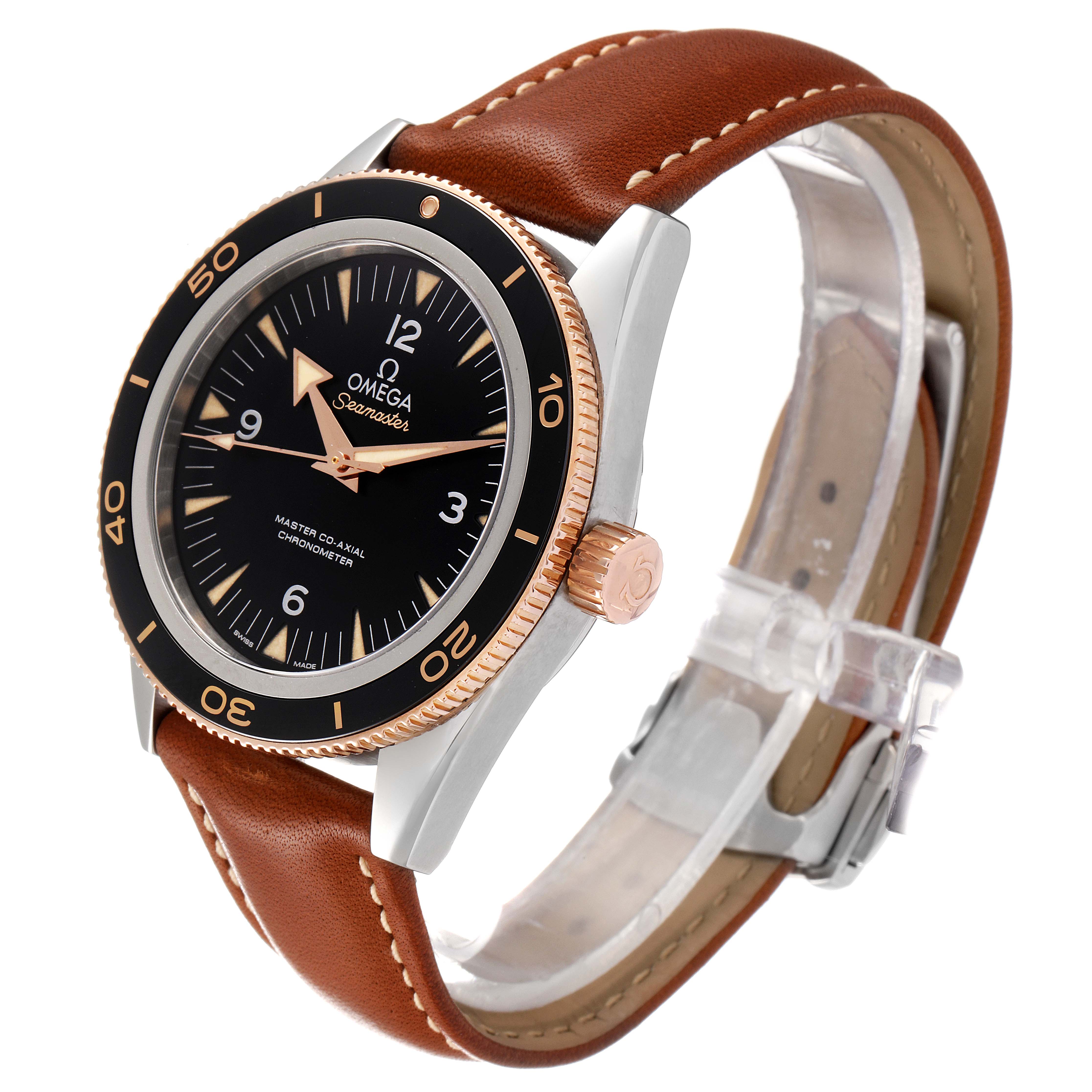 The Omega Seamaster 233.22.41.21.01.002 Men's Steel and Gold (two tone) Black Dial 233.22.41.21.01.002 Men's Steel and Gold (two tone) Black Dial watch is shown at a slight front-side angle, displaying its face, bezel, crown, and leather strap.