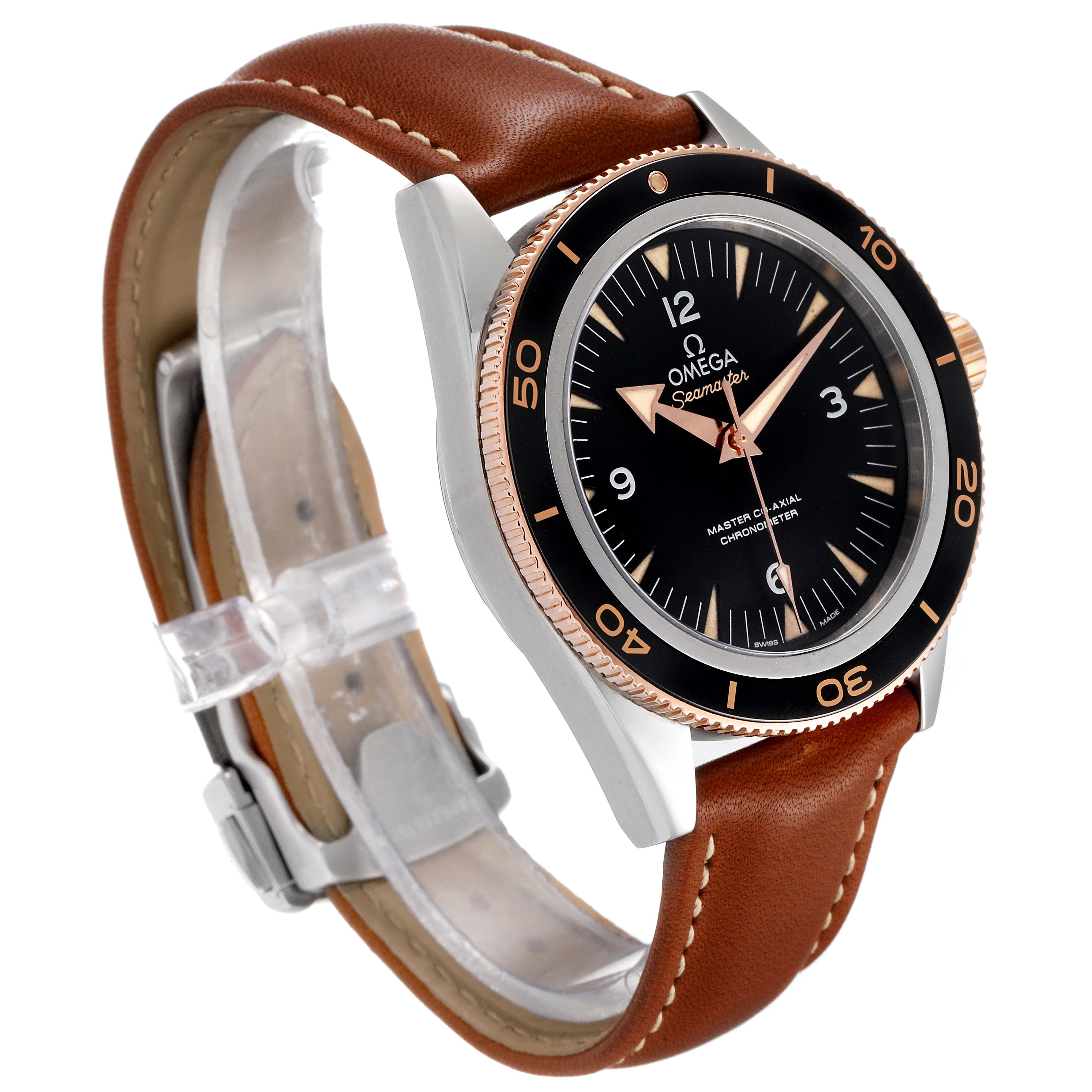 The image shows a side angle of an Omega Seamaster 233.22.41.21.01.002 Men's Steel and Gold (two tone) Black Dial 233.22.41.21.01.002 Men's Steel and Gold (two tone) Black Dial watch, highlighting its dial, bezel, case, and brown leather strap.