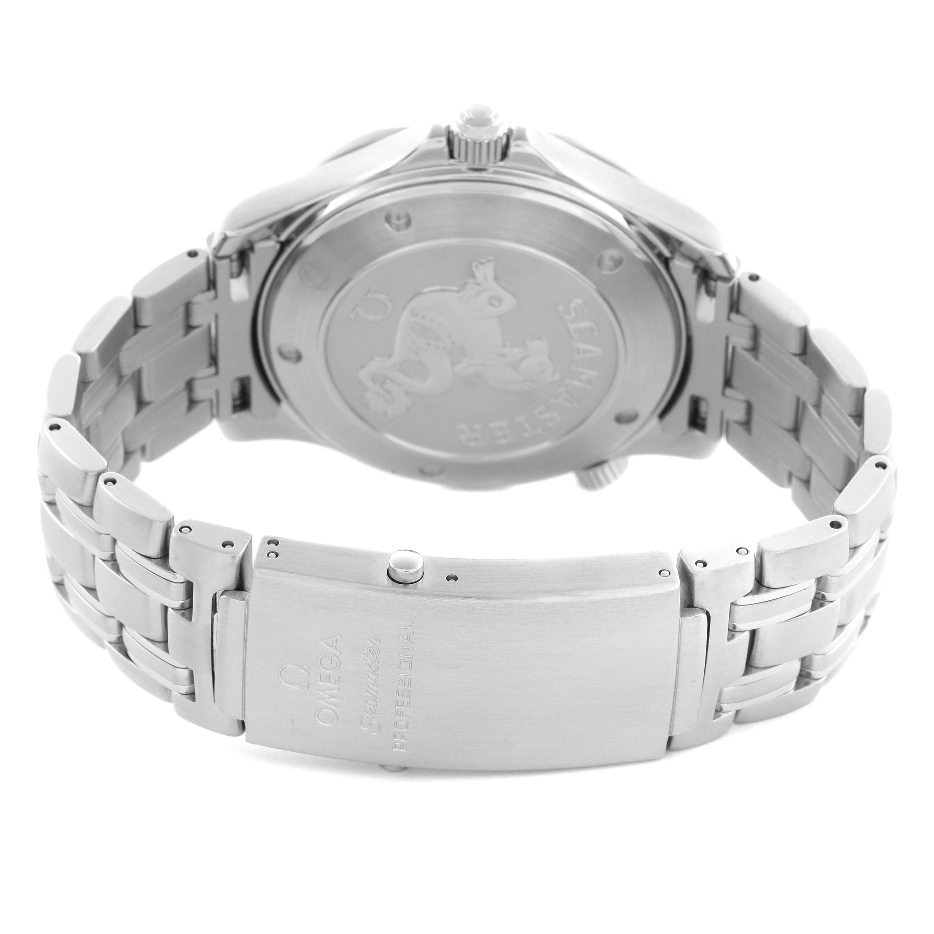 The Omega Seamaster 2221.80.00 Men
s Stainless Steel Blue Dial 2221.80.00 Men
s Stainless Steel Blue Dial watch is shown from the back, featuring the case back, bracelet, and clasp.