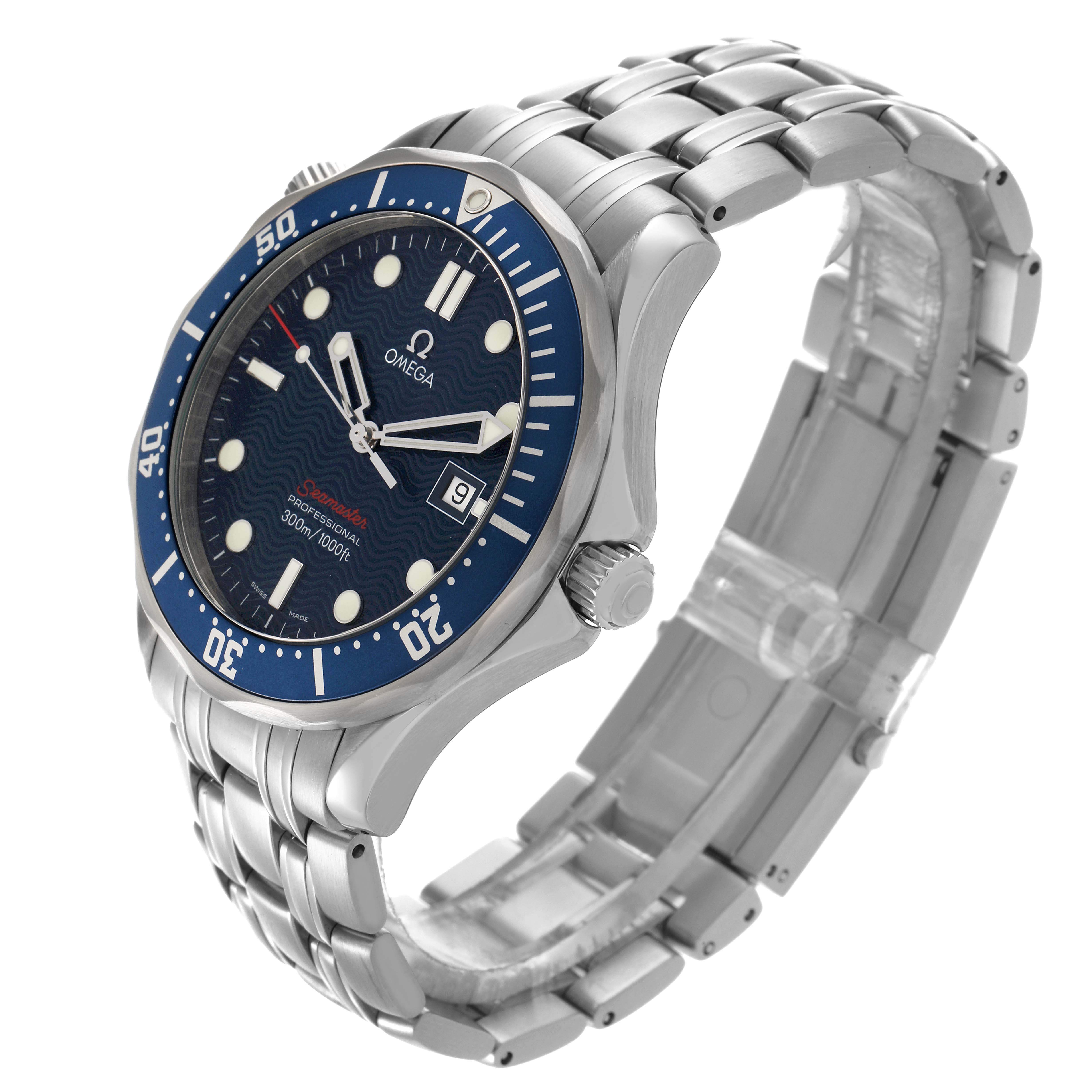 The Omega Seamaster 2221.80.00 Men
s Stainless Steel Blue Dial 2221.80.00 Men
s Stainless Steel Blue Dial watch is shown at a three-quarter angle, highlighting the dial, bezel, crown, and metal bracelet.