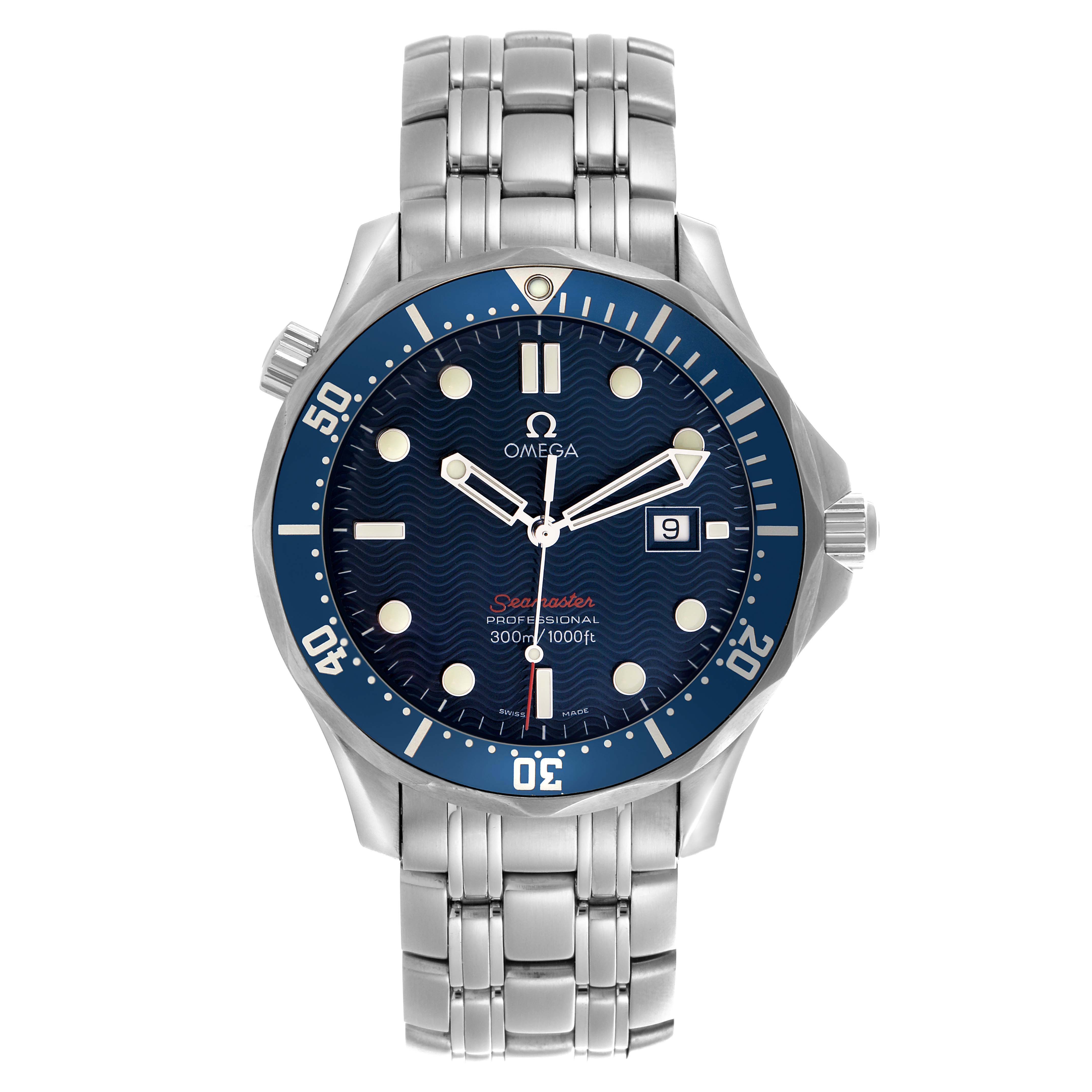 The Omega Seamaster 2221.80.00 Men
s Stainless Steel Blue Dial 2221.80.00 Men
s Stainless Steel Blue Dial watch is shown from the front, displaying the dial, bezel, bracelet, and crown.