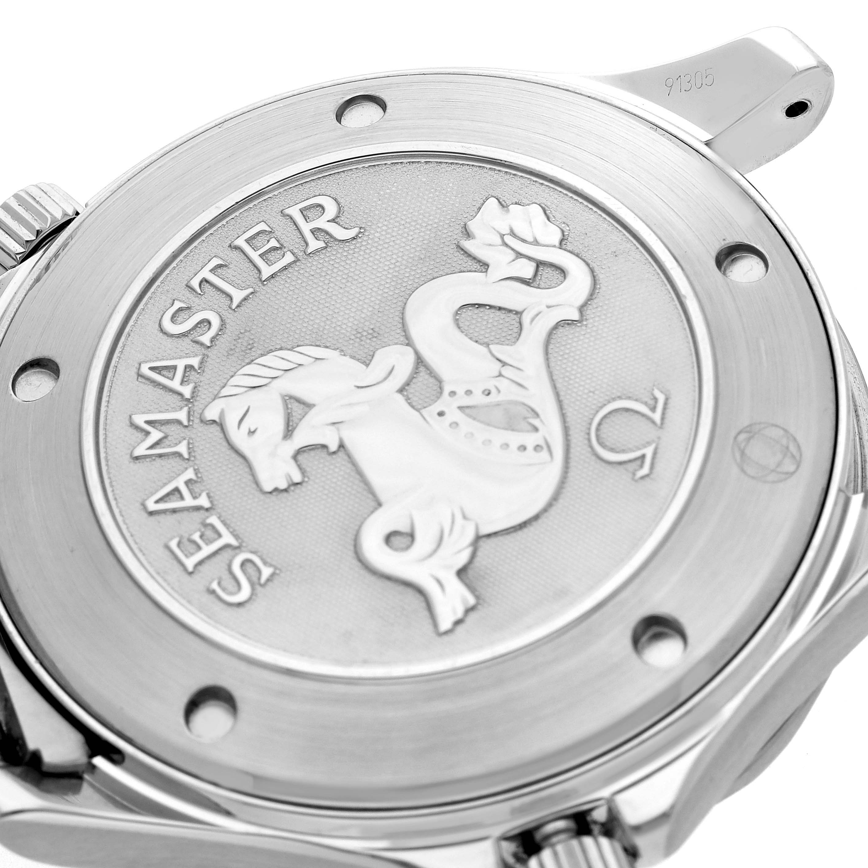 The image shows the engraved case back of an Omega Seamaster 2221.80.00 Men
s Stainless Steel Blue Dial 2221.80.00 Men
s Stainless Steel Blue Dial watch, highlighting the emblem and branding.