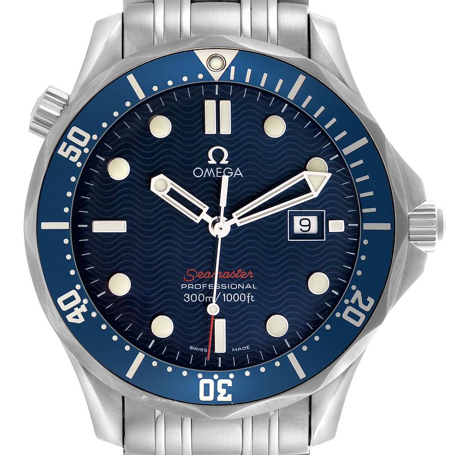 The Omega Seamaster watch is shown from the front, displaying the dial, bezel, and partial bracelet.