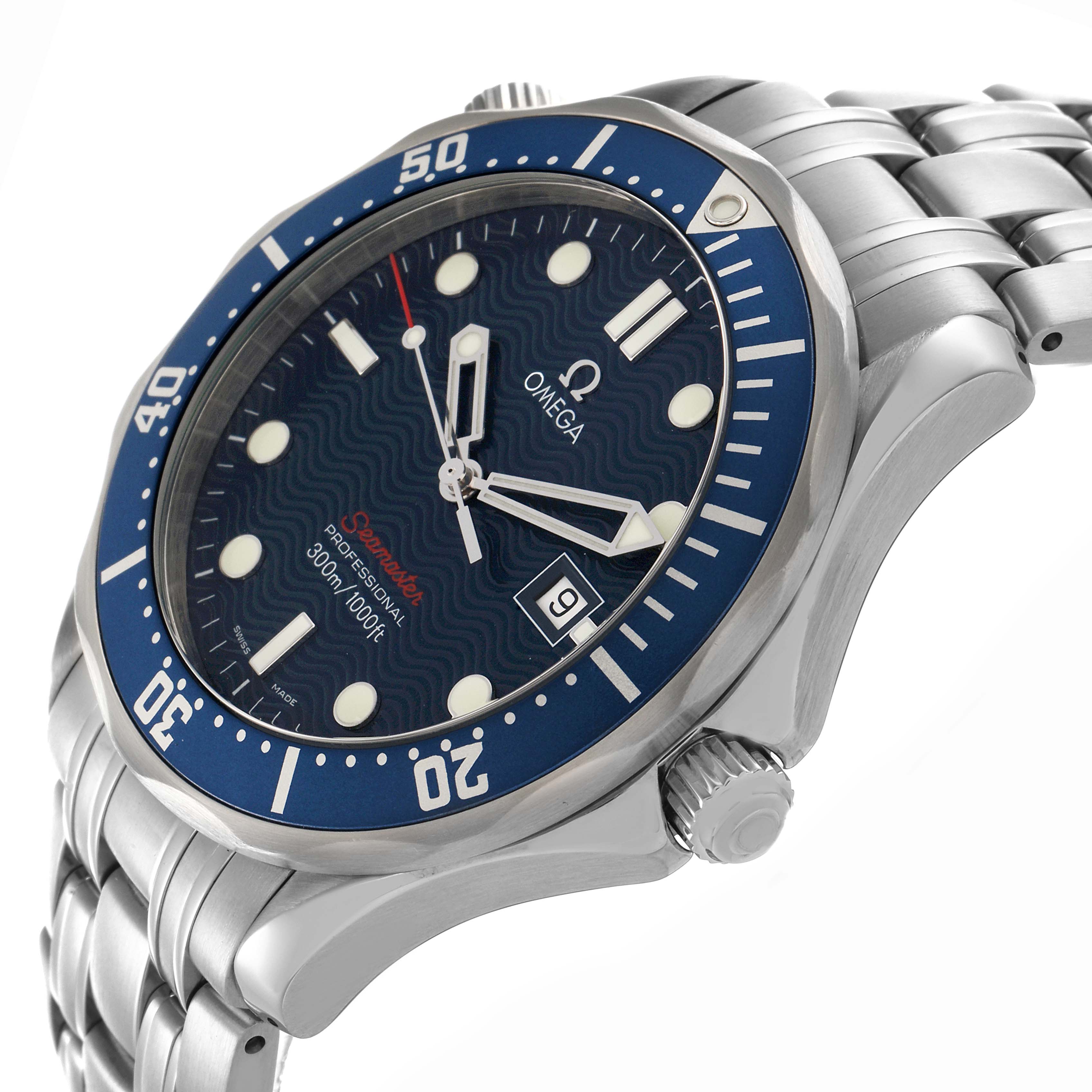 The Omega Seamaster 2221.80.00 Men
s Stainless Steel Blue Dial 2221.80.00 Men
s Stainless Steel Blue Dial watch is shown at a three-quarter angle highlighting the bezel, dial, crown, and bracelet.