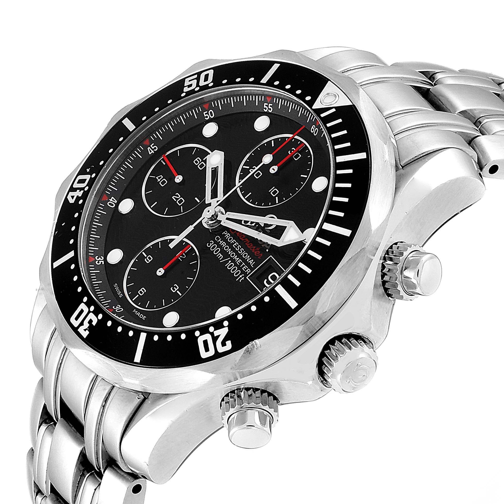 The Omega Seamaster 213.30.42.40.01.001 Men
s Stainless Steel Black Dial 213.30.42.40.01.001 Men
s Stainless Steel Black Dial watch is shown from an angled side view, featuring its dial, bezel, pushers, and part of the bracelet.