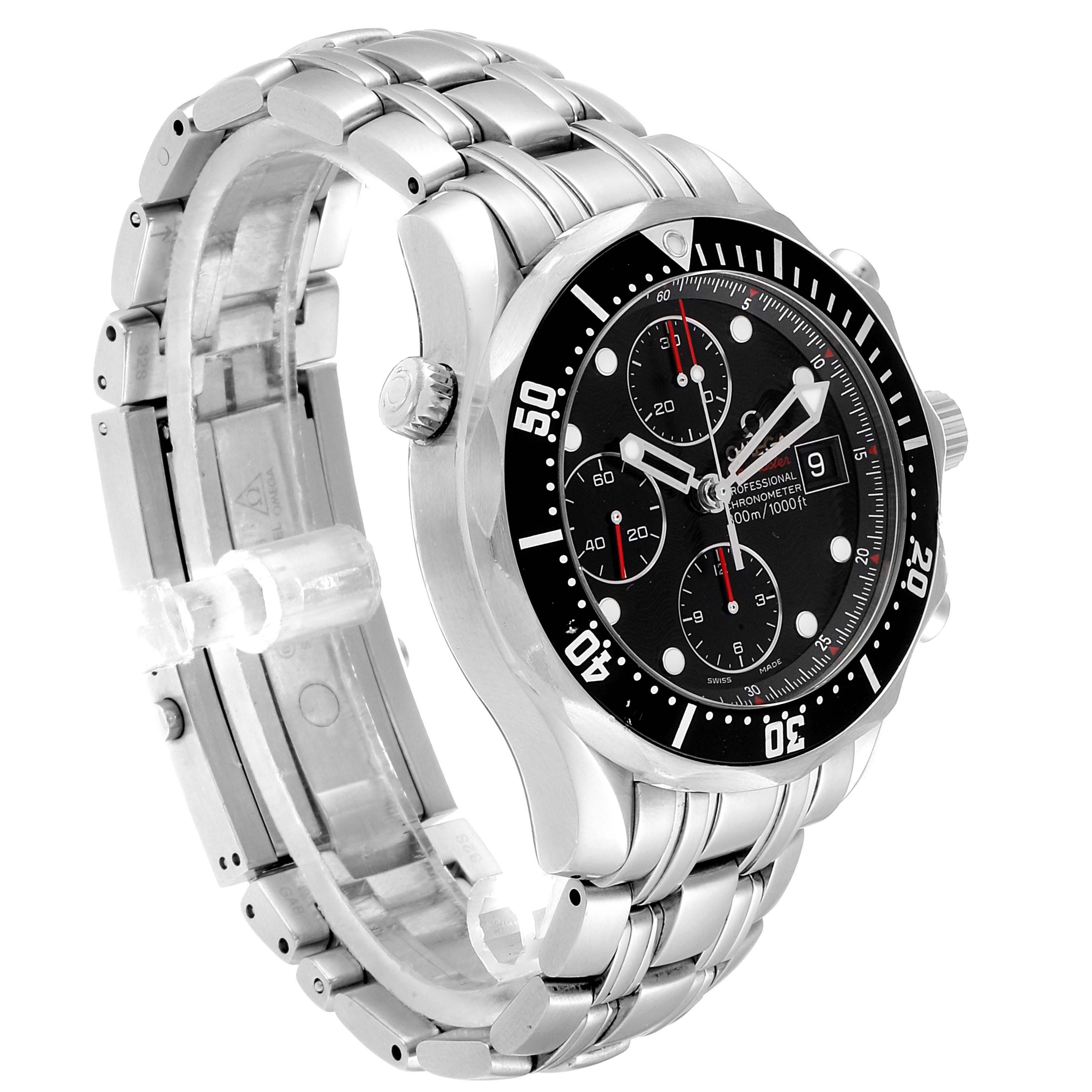 The image shows a side angle of the Omega Seamaster 213.30.42.40.01.001 Men
s Stainless Steel Black Dial 213.30.42.40.01.001 Men
s Stainless Steel Black Dial watch, highlighting its black dial, bezel, and metallic bracelet.