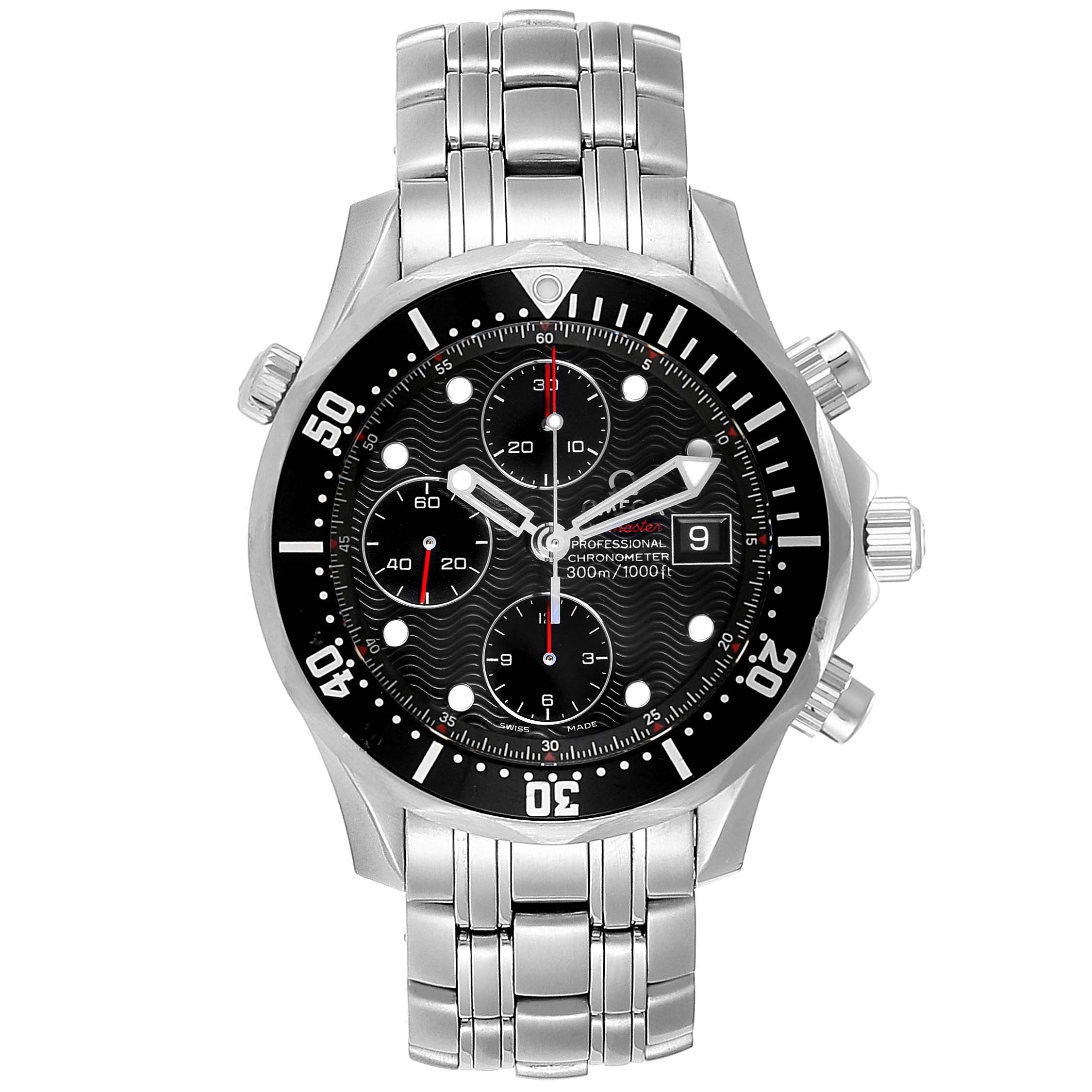 The image shows a front view of an Omega Seamaster 213.30.42.40.01.001 Men
s Stainless Steel Black Dial 213.30.42.40.01.001 Men
s Stainless Steel Black Dial watch, displaying the dial, bezel, and stainless steel bracelet.