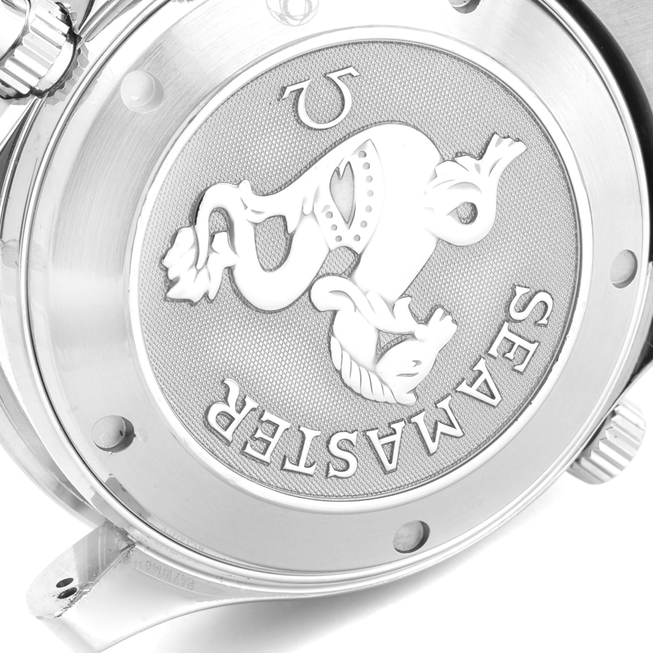 This is a close-up of the case back of the Omega Seamaster 213.30.42.40.01.001 Men
s Stainless Steel Black Dial 213.30.42.40.01.001 Men
s Stainless Steel Black Dial watch, showing its engraved logo and text.