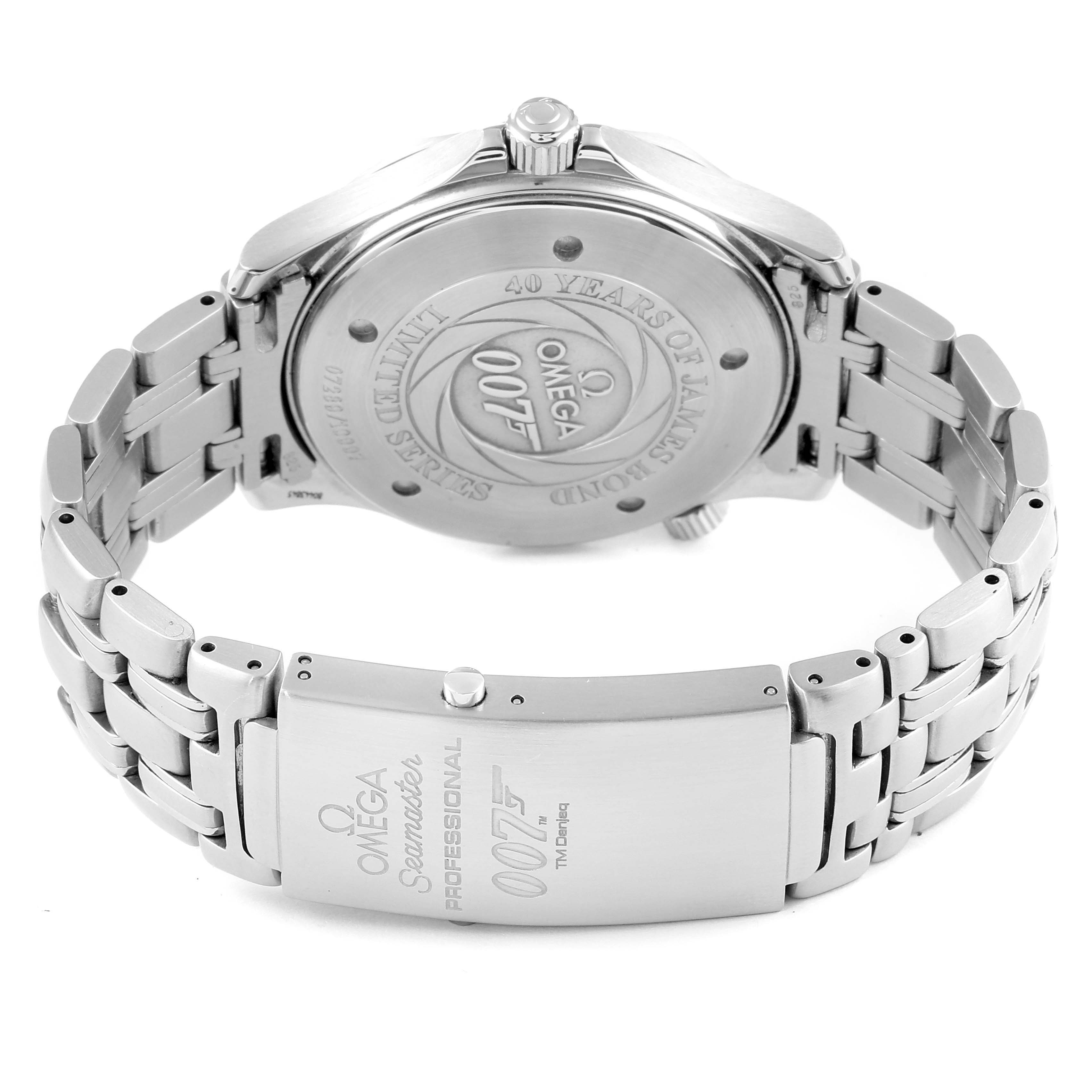 The image shows the back case and metal bracelet clasp of an Omega Seamaster 2537.80.00 Men
s Stainless Steel Blue Dial 2537.80.00 Men
s Stainless Steel Blue Dial 007 edition watch.