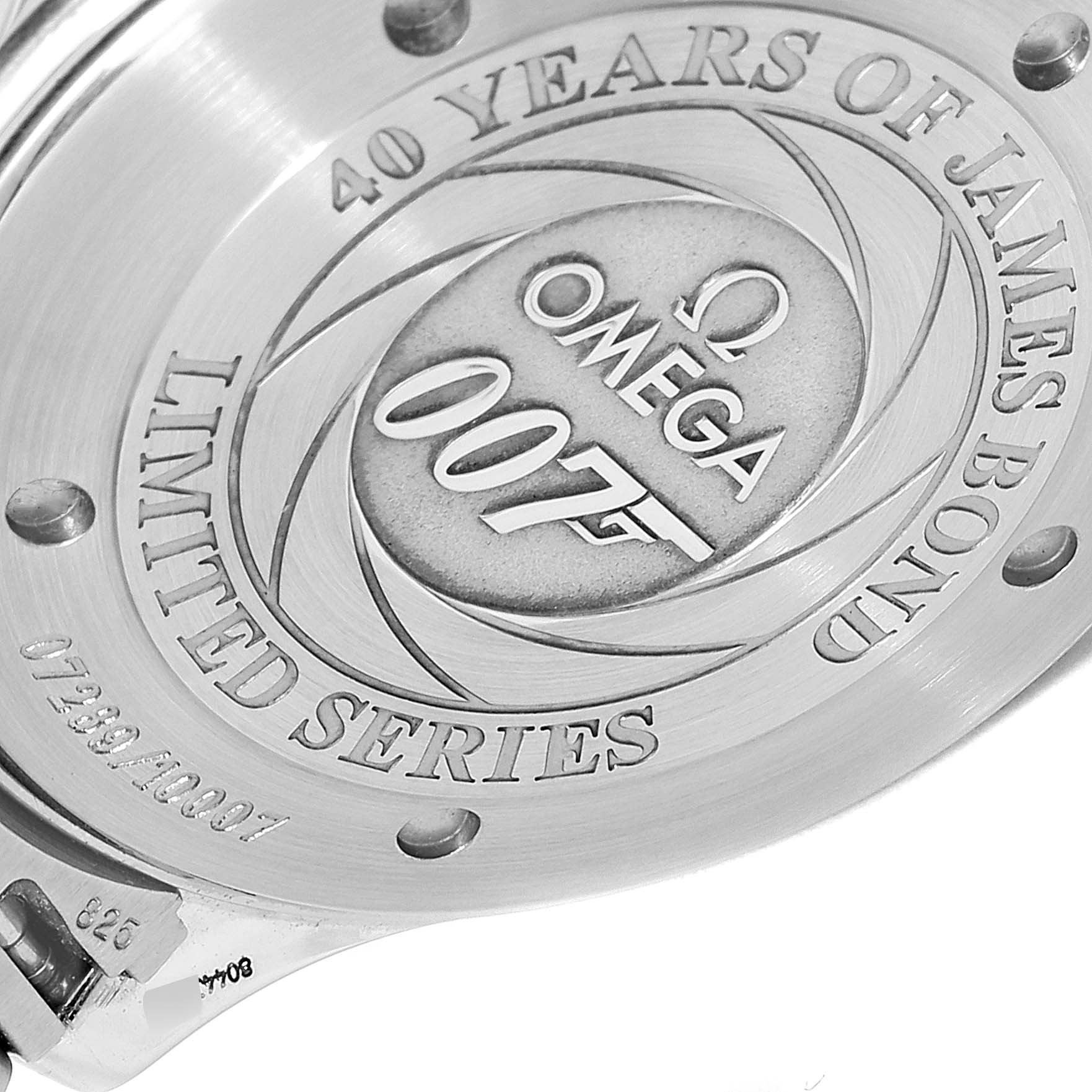 The image shows the engraved case back of an Omega Seamaster 2537.80.00 Men
s Stainless Steel Blue Dial 2537.80.00 Men
s Stainless Steel Blue Dial, commemorating 40 years of James Bond with a limited series number.