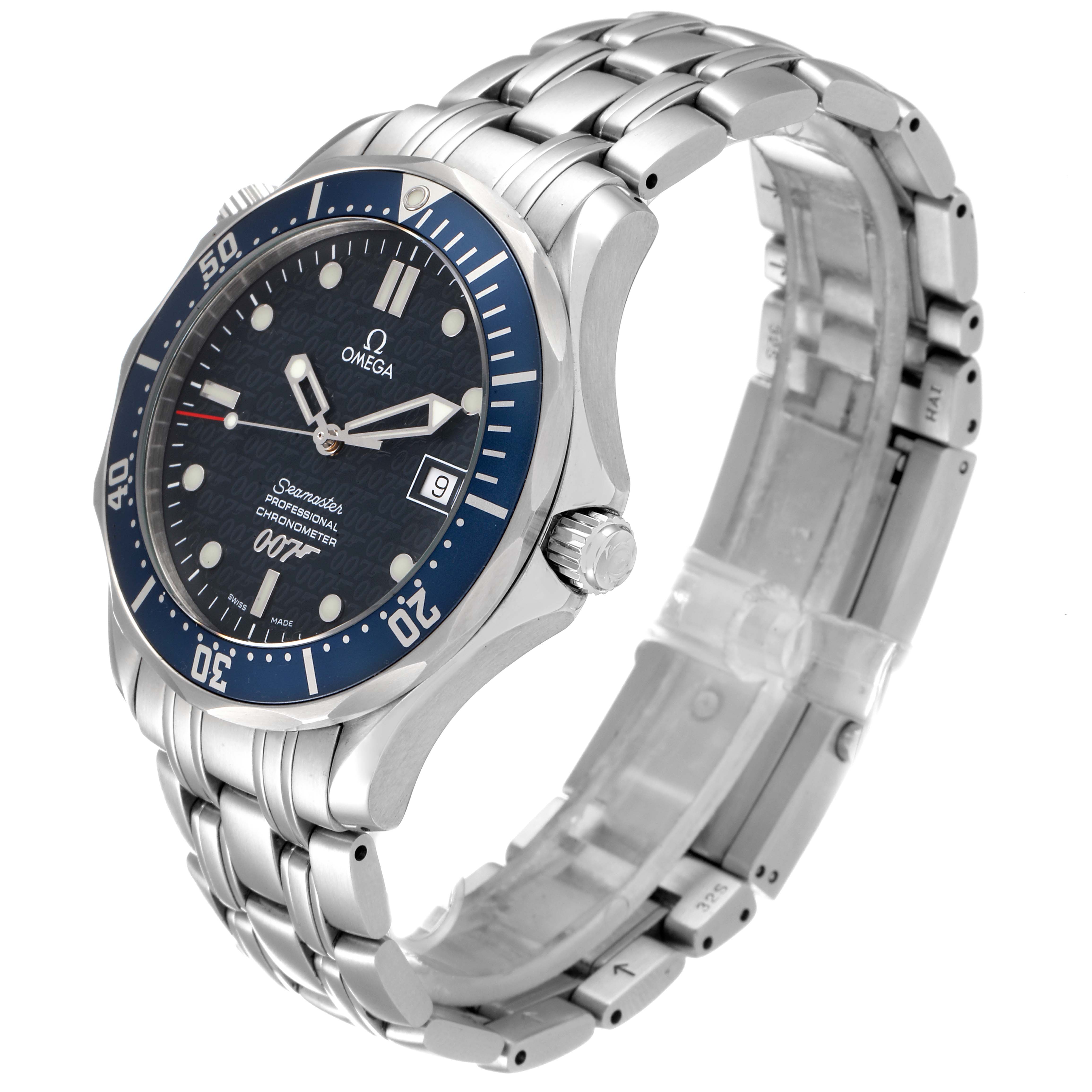 The Omega Seamaster 2537.80.00 Men
s Stainless Steel Blue Dial 2537.80.00 Men
s Stainless Steel Blue Dial watch is shown at a right front angle, displaying the dial, bezel, and metal bracelet.