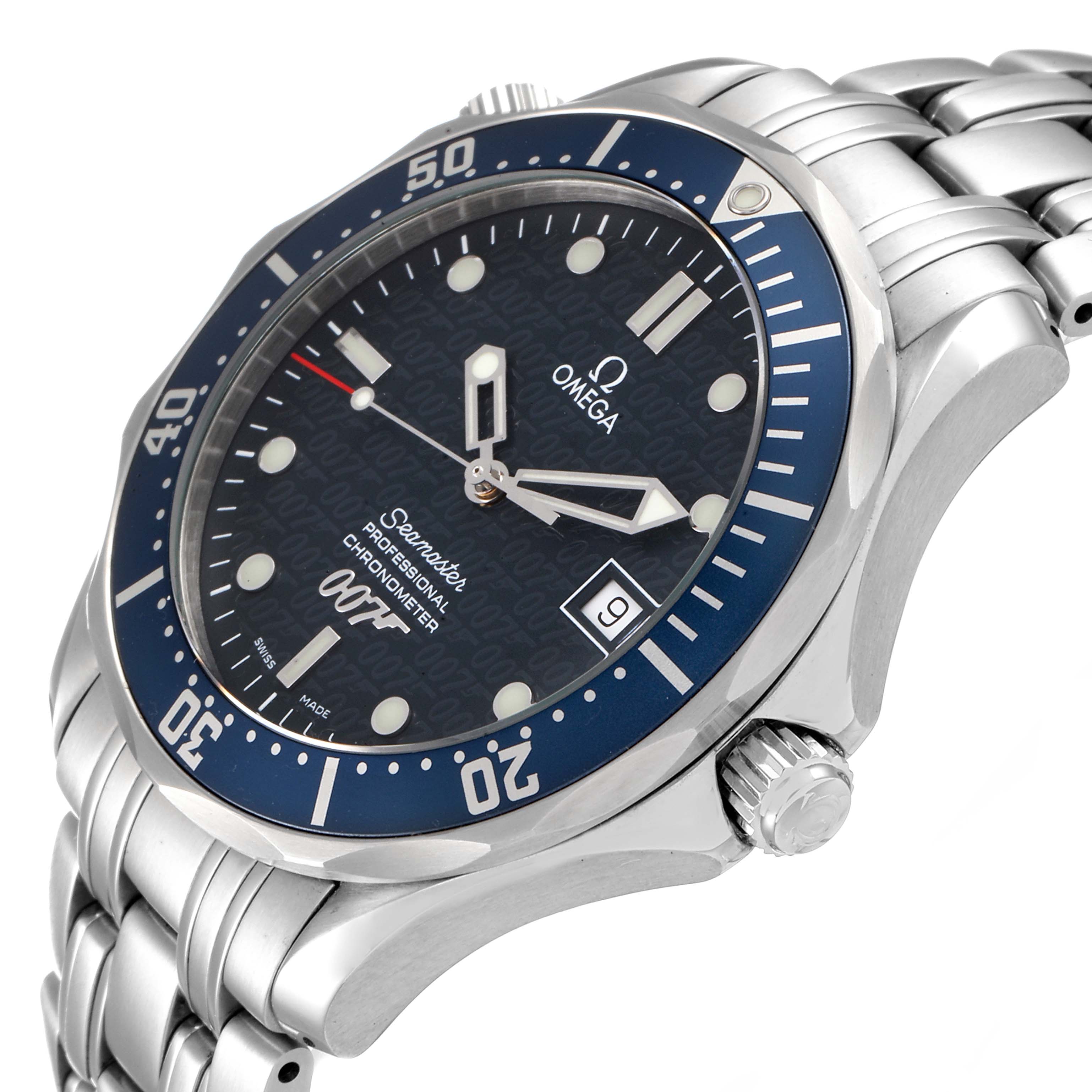 This image shows an angled view of the Omega Seamaster 2537.80.00 Men
s Stainless Steel Blue Dial 2537.80.00 Men
s Stainless Steel Blue Dial watch, highlighting the bezel, dial, crown, and part of the bracelet.