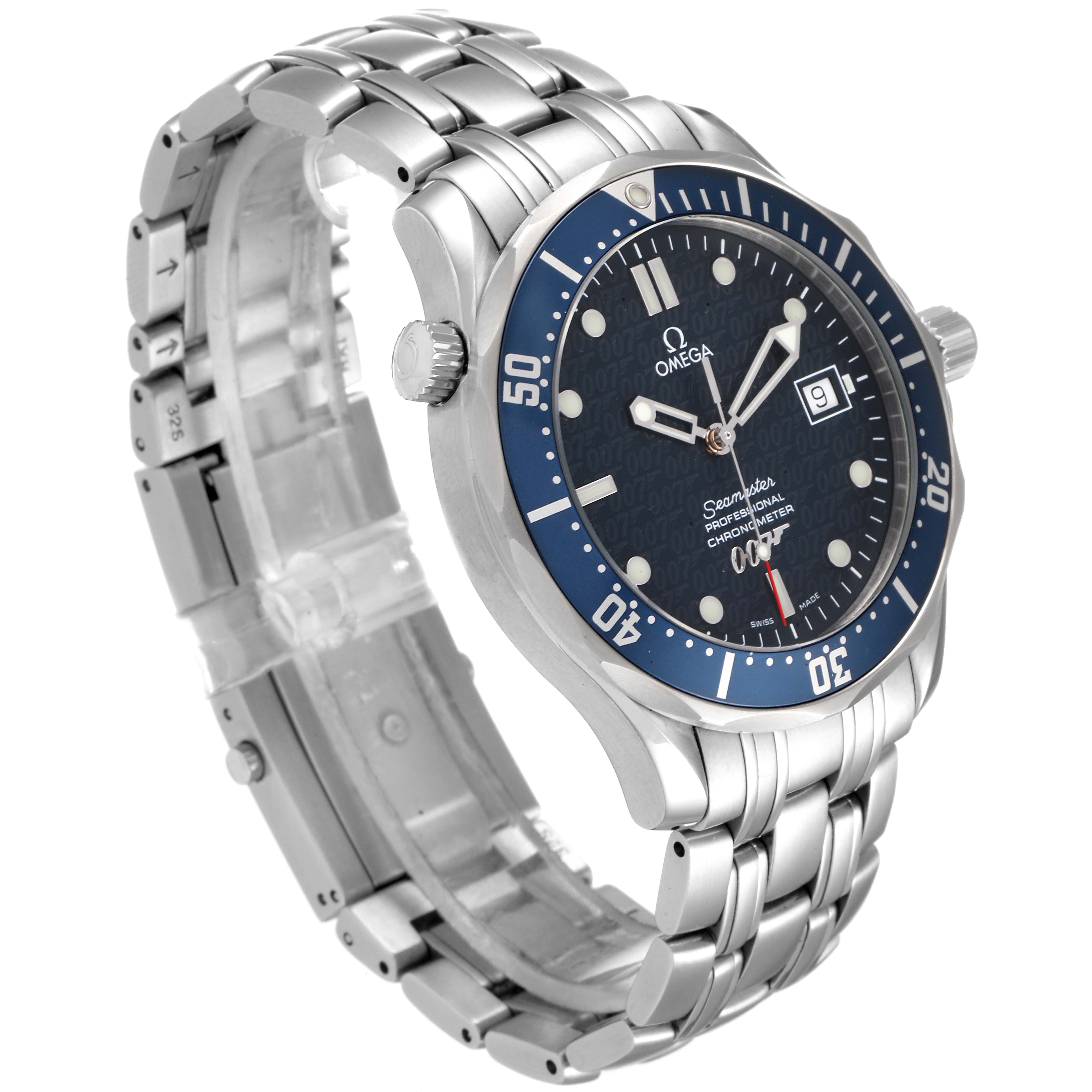 The Omega Seamaster 2537.80.00 Men
s Stainless Steel Blue Dial 2537.80.00 Men
s Stainless Steel Blue Dial watch is shown at an angled side view, displaying the dial, bezel, crown, and part of the metal bracelet.