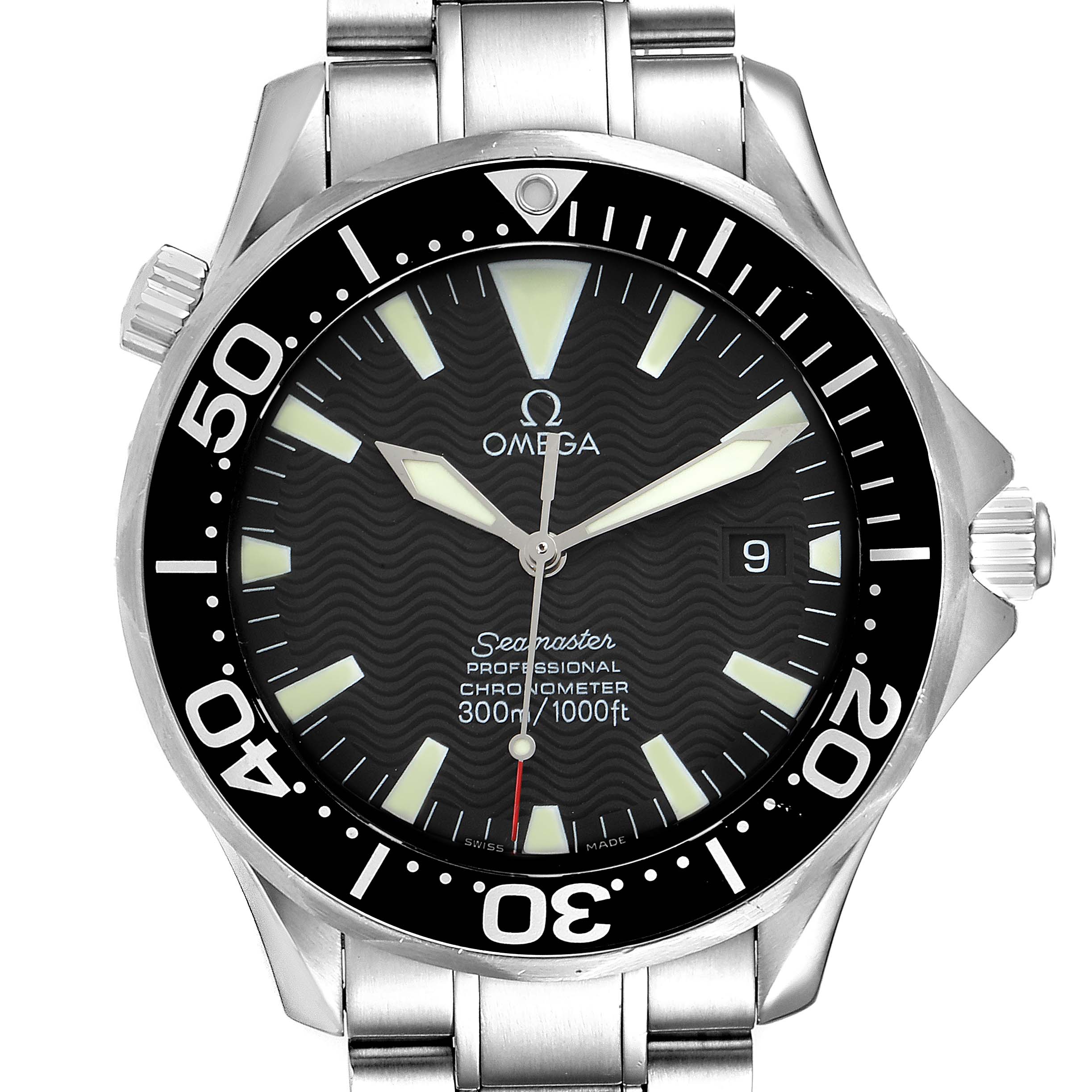 This image shows a front view of the Omega Seamaster 2254.50.00 Men
s Stainless Steel Black Dial 2254.50.00 Men
s Stainless Steel Black Dial watch, displaying the dial, bezel, and part of the metal bracelet.