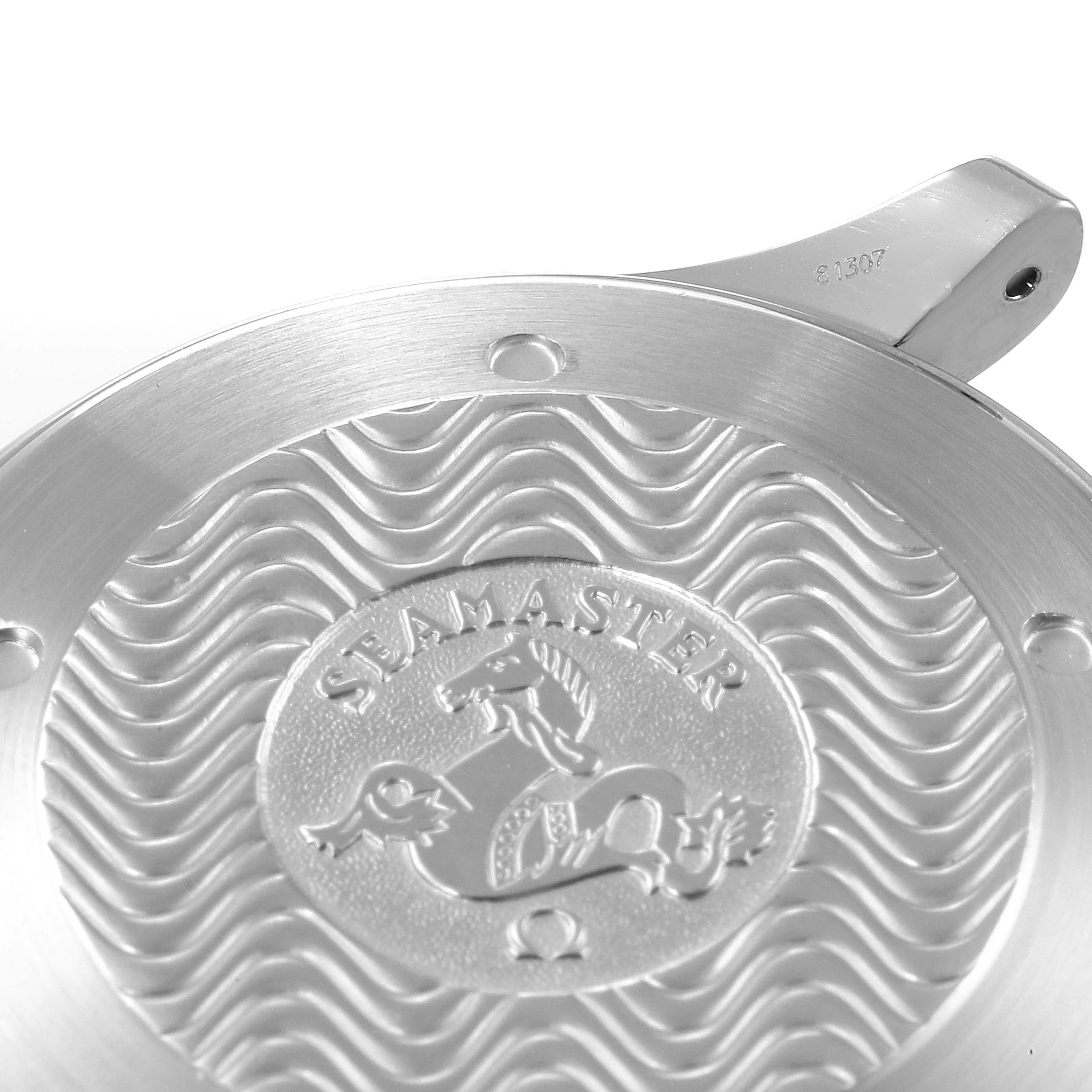 This image shows the back case of an Omega Seamaster 2254.50.00 Men
s Stainless Steel Black Dial 2254.50.00 Men
s Stainless Steel Black Dial watch, featuring the engraved Seamaster logo and wave pattern.