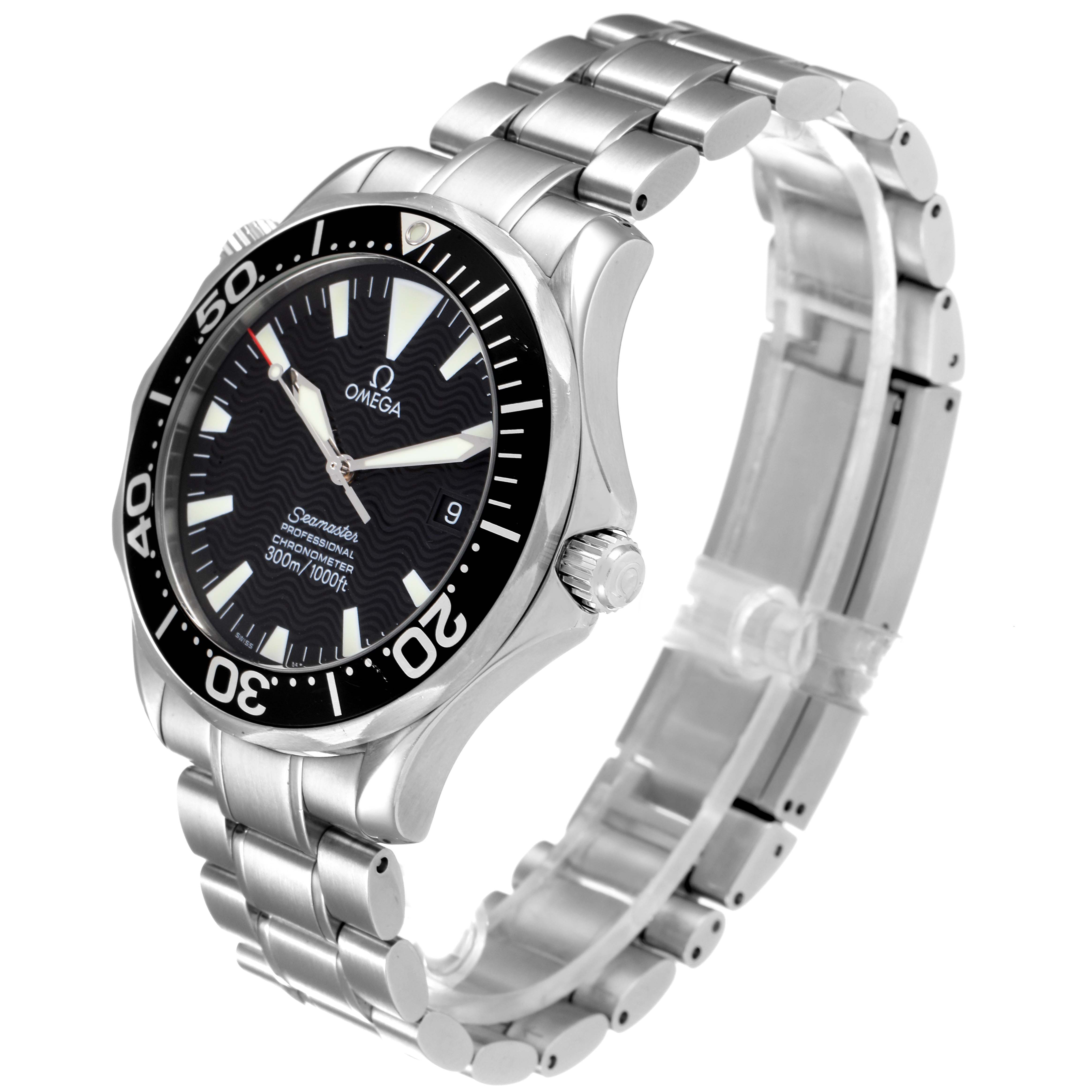 The image shows an Omega Seamaster 2254.50.00 Men
s Stainless Steel Black Dial 2254.50.00 Men
s Stainless Steel Black Dial watch from an angled side view, highlighting the face, bezel, and stainless steel bracelet.
