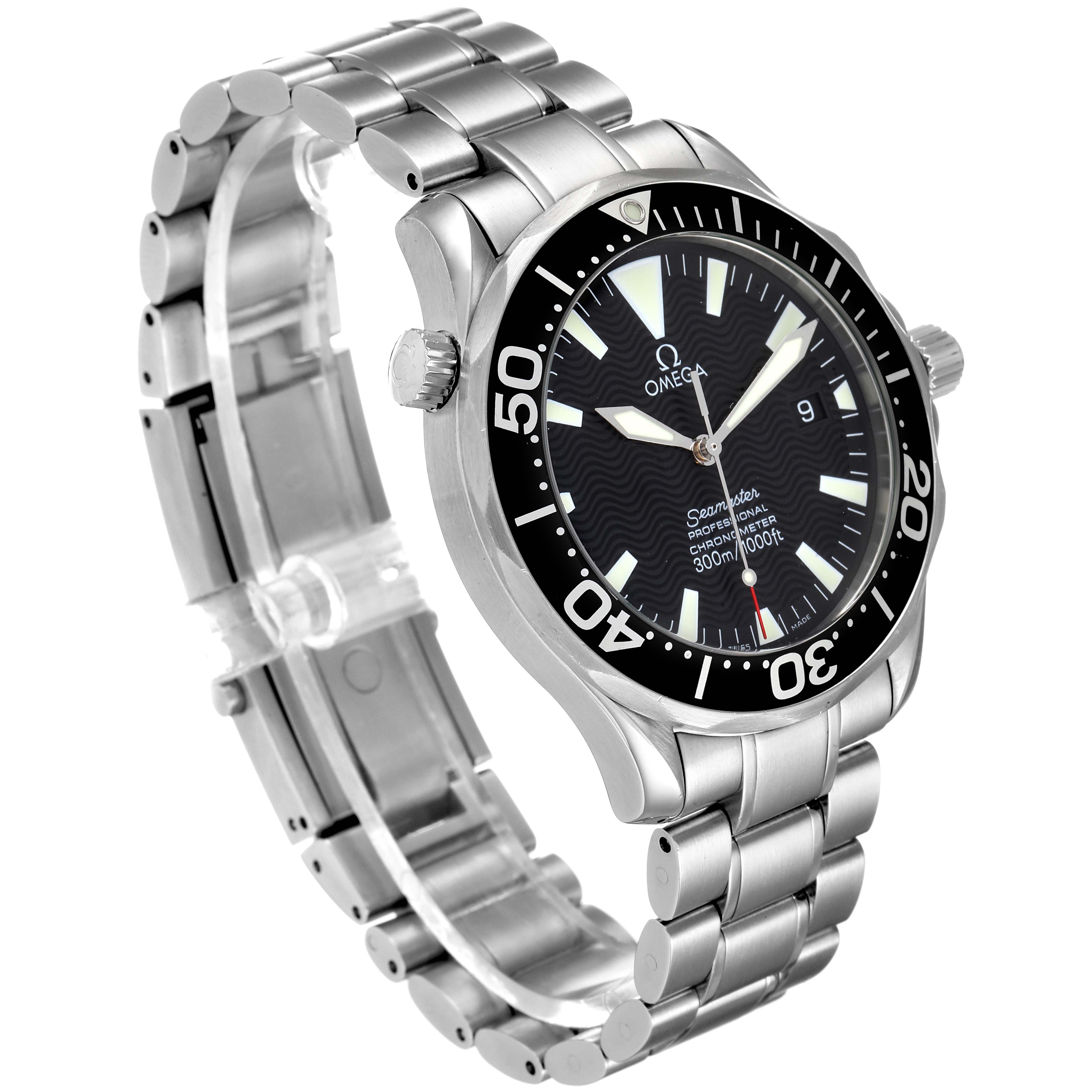 The Omega Seamaster 2254.50.00 Men
s Stainless Steel Black Dial 2254.50.00 Men
s Stainless Steel Black Dial watch is shown at an angled side view, highlighting its face, bezel, crown, and metal bracelet.