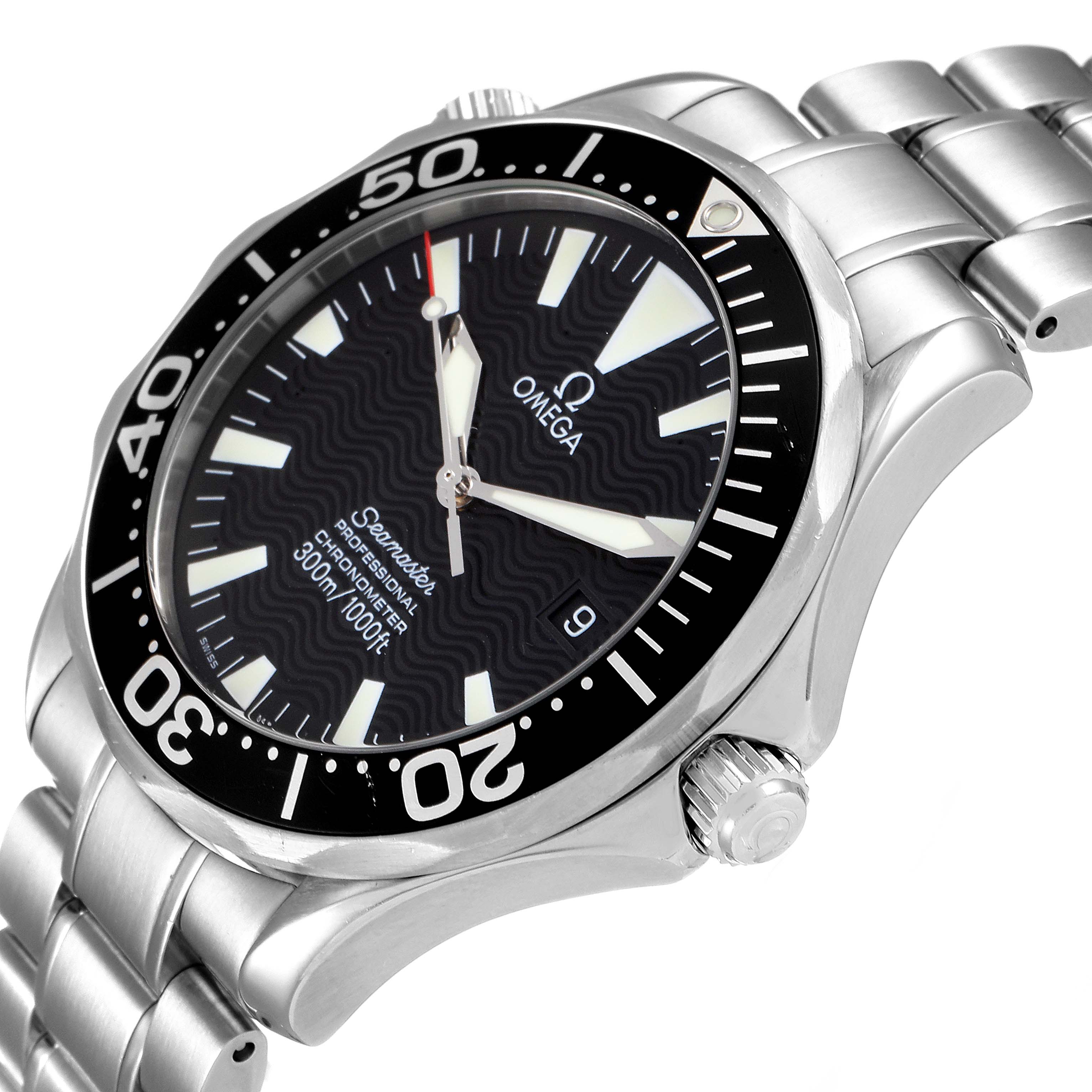 The Omega Seamaster 2254.50.00 Men
s Stainless Steel Black Dial 2254.50.00 Men
s Stainless Steel Black Dial watch is shown from a tilted angle, highlighting the face, bezel, case, and part of the stainless steel bracelet.