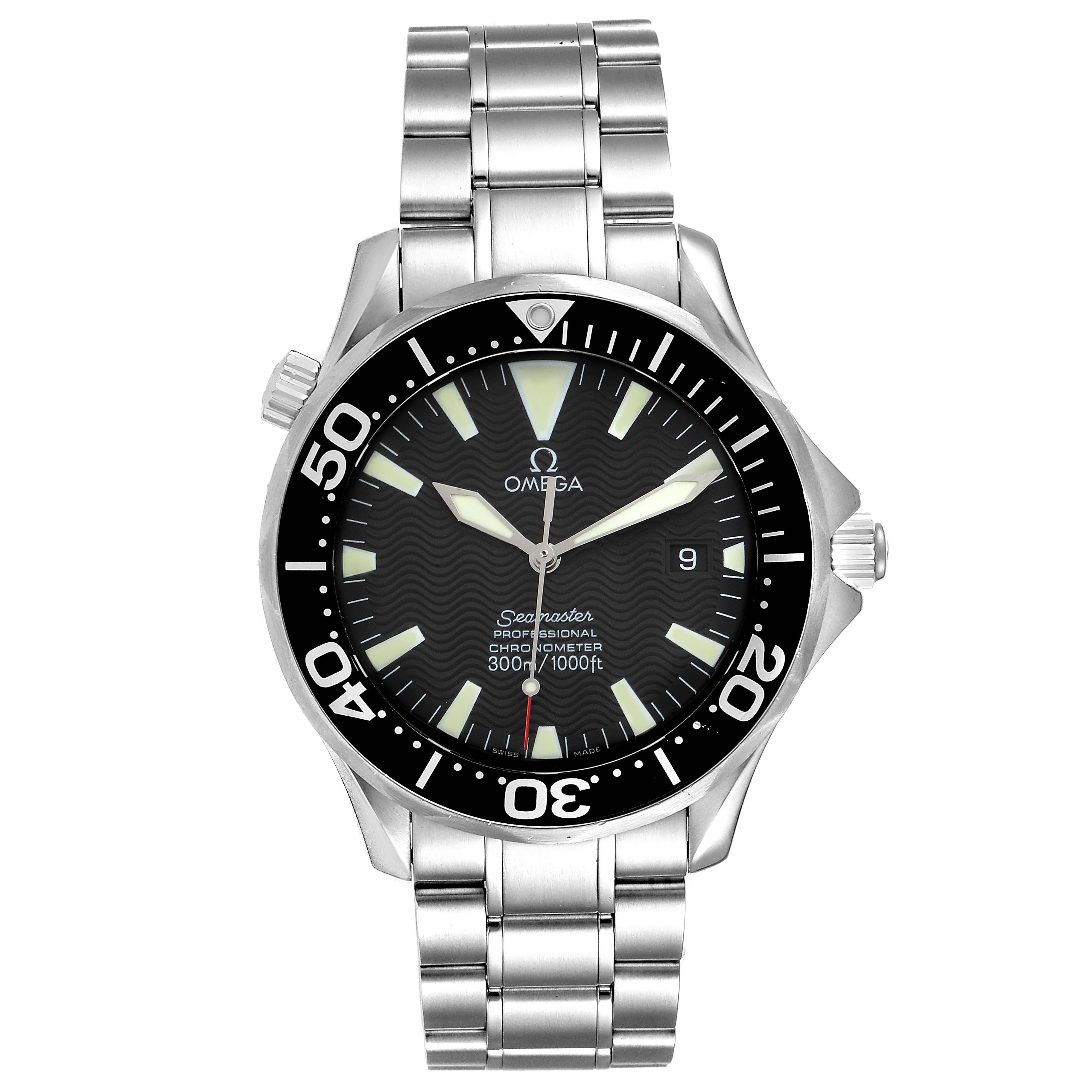 The image shows a front view of the Omega Seamaster 2254.50.00 Men
s Stainless Steel Black Dial 2254.50.00 Men
s Stainless Steel Black Dial watch, including its bezel, dial, hands, crown, and bracelet.