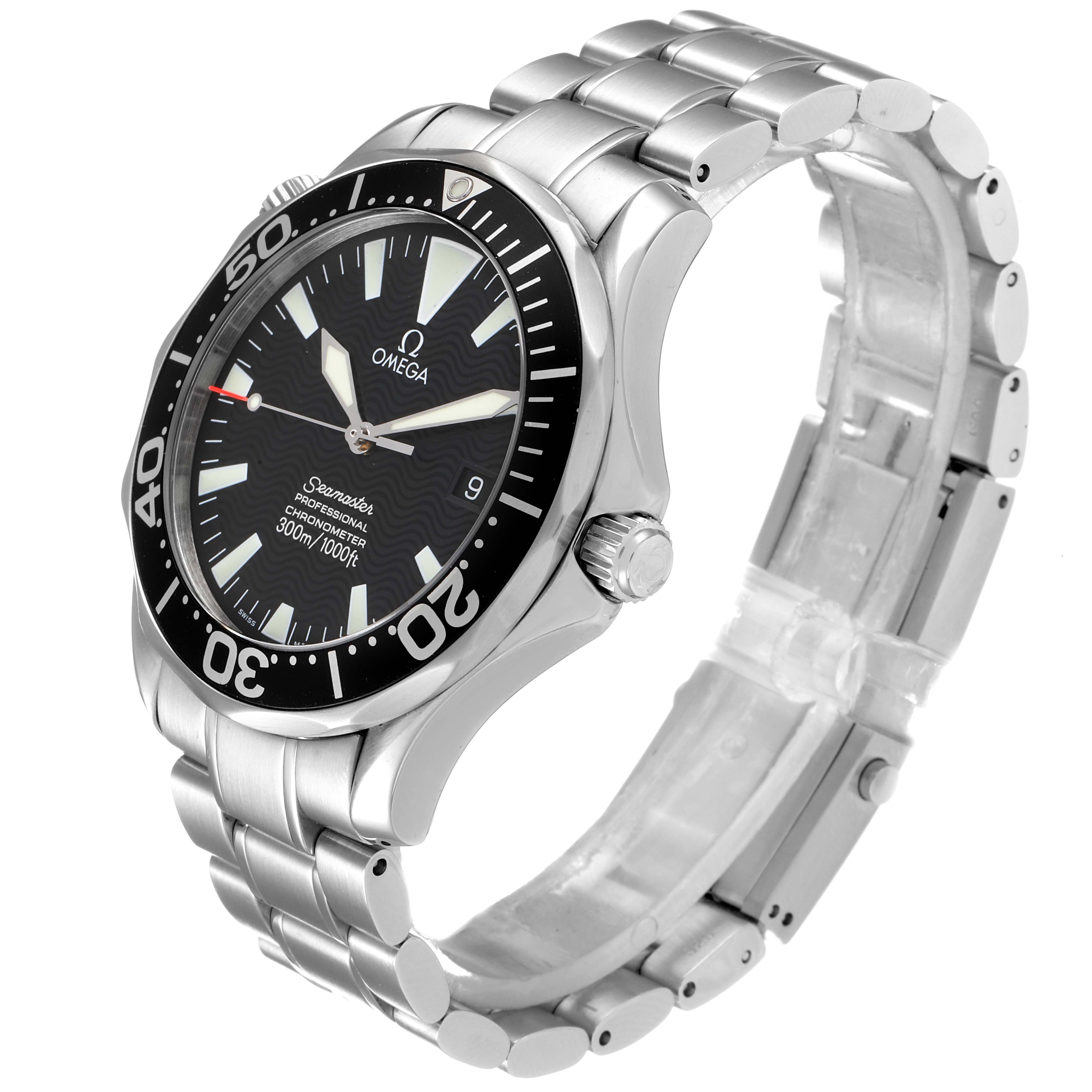The image shows an angled side view of an Omega Seamaster 2254.50.00 Men
s Stainless Steel Black Dial 2254.50.00 Men
s Stainless Steel Black Dial watch, highlighting its face, bezel, crown, and stainless steel bracelet.