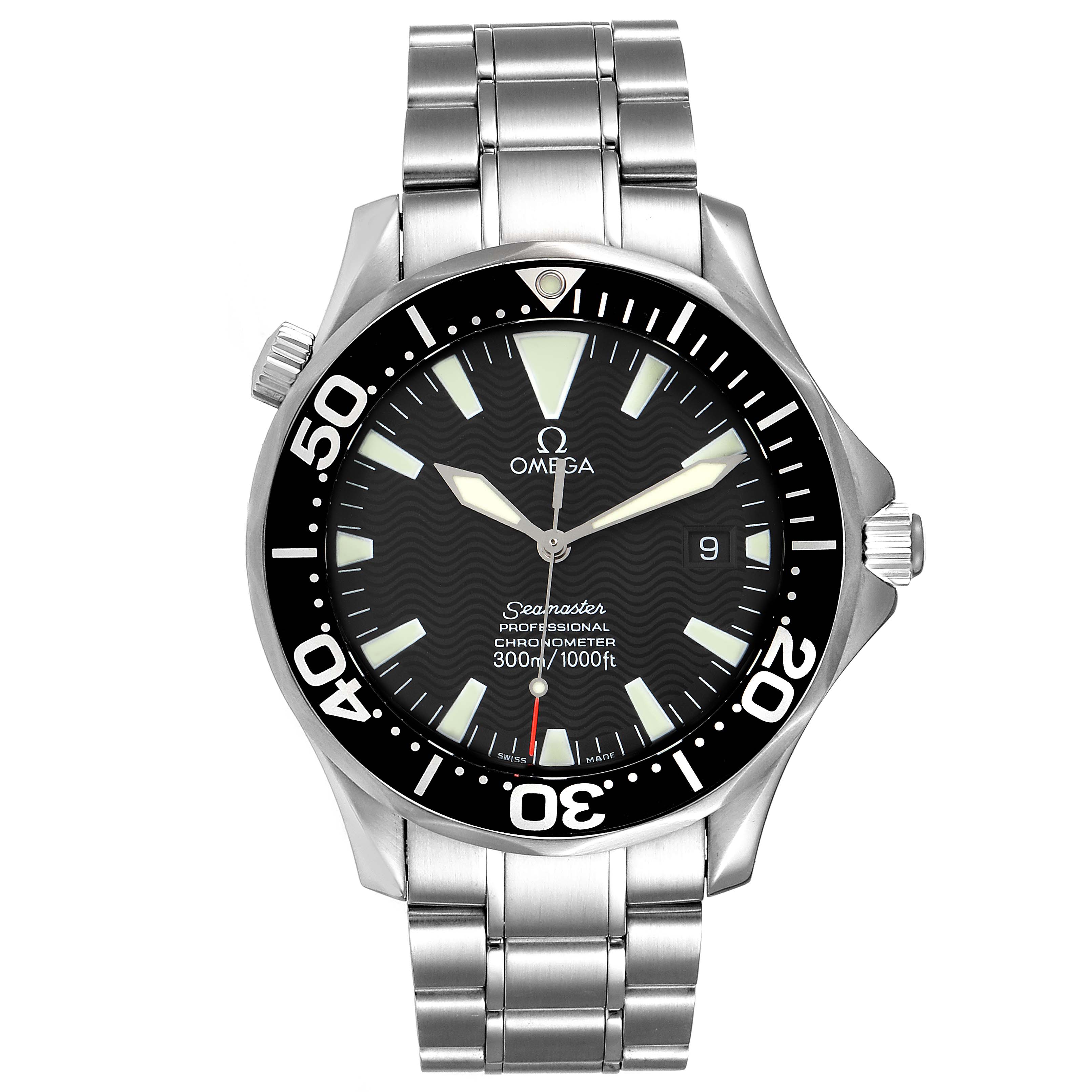 The Omega Seamaster 2254.50.00 Men
s Stainless Steel Black Dial 2254.50.00 Men
s Stainless Steel Black Dial watch is displayed from the front, showing its face, bezel, crown, and stainless steel bracelet.