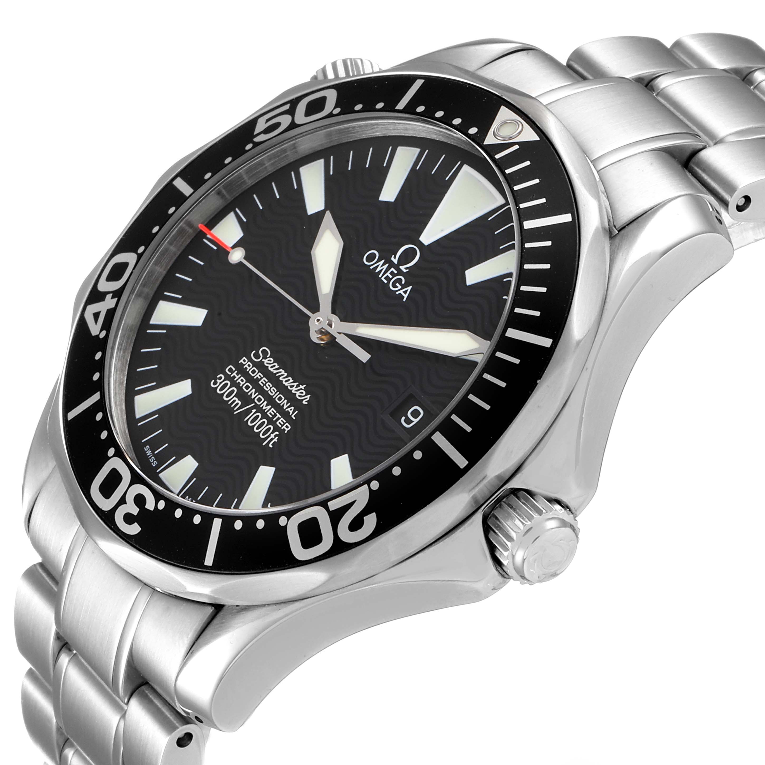 The image shows a close-up angle of the Omega Seamaster 2254.50.00 Men
s Stainless Steel Black Dial 2254.50.00 Men
s Stainless Steel Black Dial watch, highlighting the dial, bezel, crown, and part of the stainless steel bracelet.
