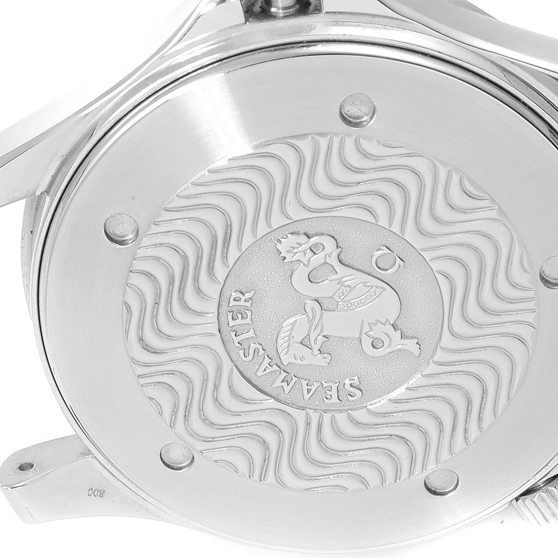 The image shows the case back of an Omega Seamaster 2254.50.00 Men
s Stainless Steel Black Dial 2254.50.00 Men
s Stainless Steel Black Dial watch, highlighting its engraved emblem and wave pattern.