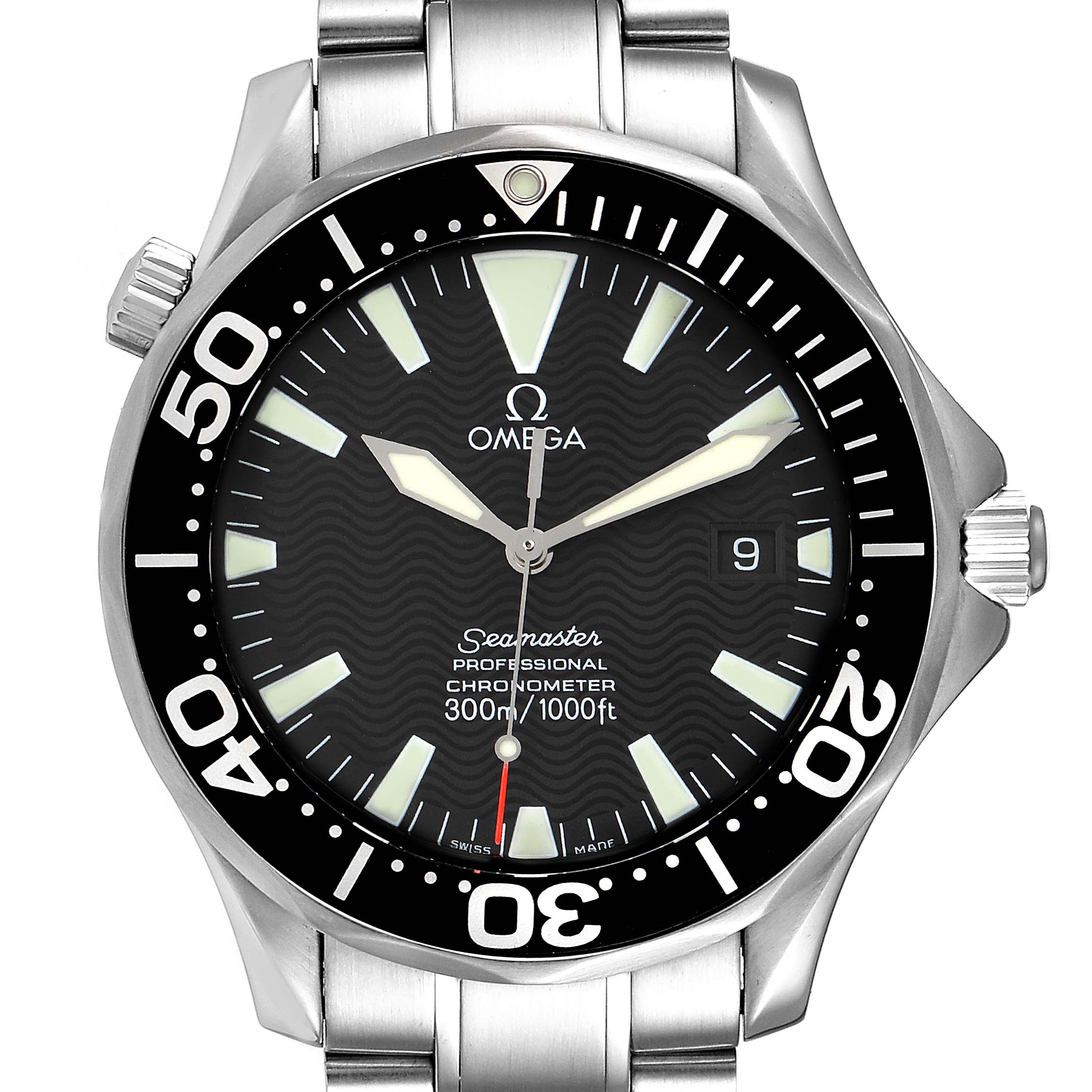 The image shows a front view of the Omega Seamaster 2254.50.00 Men
s Stainless Steel Black Dial 2254.50.00 Men
s Stainless Steel Black Dial watch, highlighting the dial, bezel, and some of the bracelet.