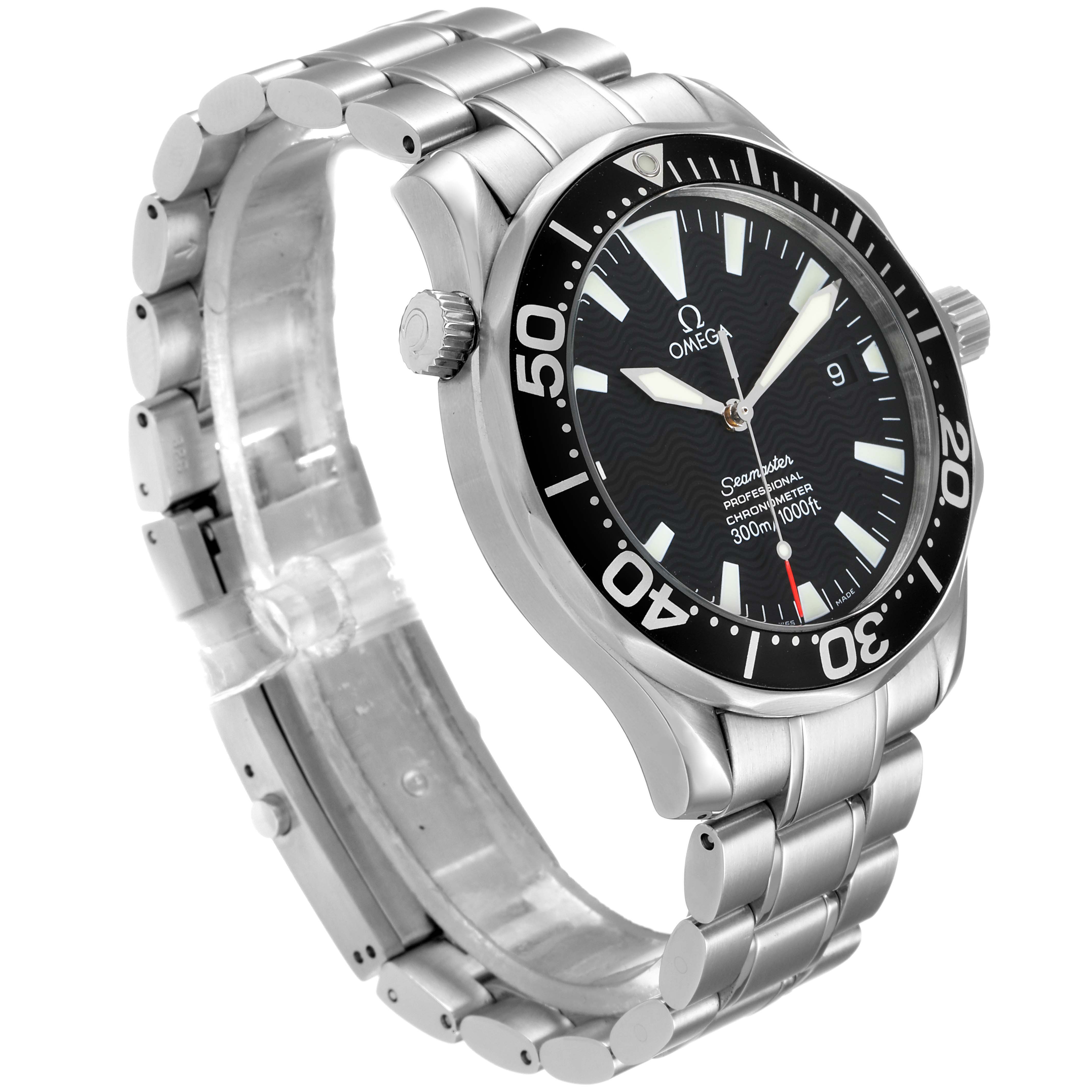 The Omega Seamaster 2254.50.00 Men
s Stainless Steel Black Dial 2254.50.00 Men
s Stainless Steel Black Dial watch is shown at an angle revealing the face, bezel, crown, and metal bracelet.