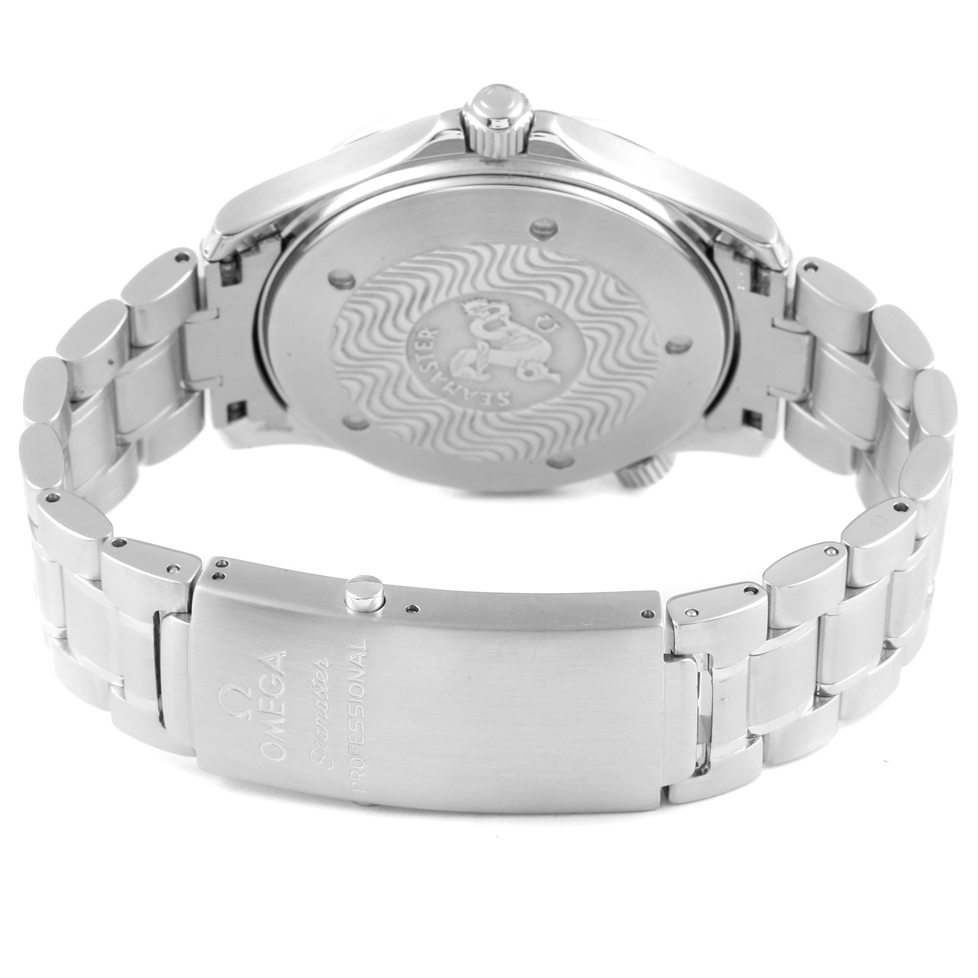 The image shows the backside and clasp of an Omega Seamaster 2254.50.00 Men
s Stainless Steel Black Dial 2254.50.00 Men
s Stainless Steel Black Dial watch, highlighting the engraved case back and stainless steel bracelet.