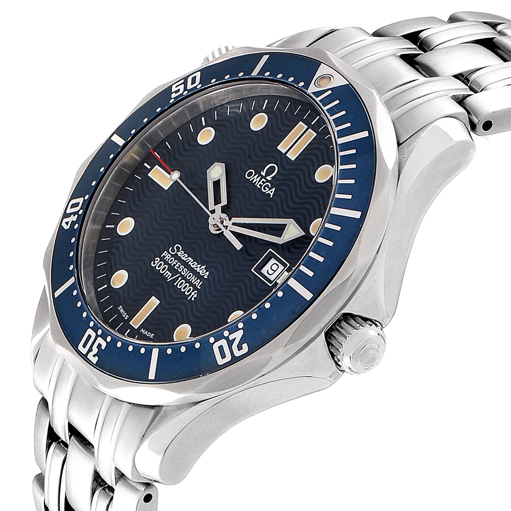 The Omega Seamaster 2541.80.00 Men
s Stainless Steel Blue Dial 2541.80.00 Men
s Stainless Steel Blue Dial watch is shown from an angled front view, highlighting its blue bezel, wave-patterned dial, and stainless steel bracelet.