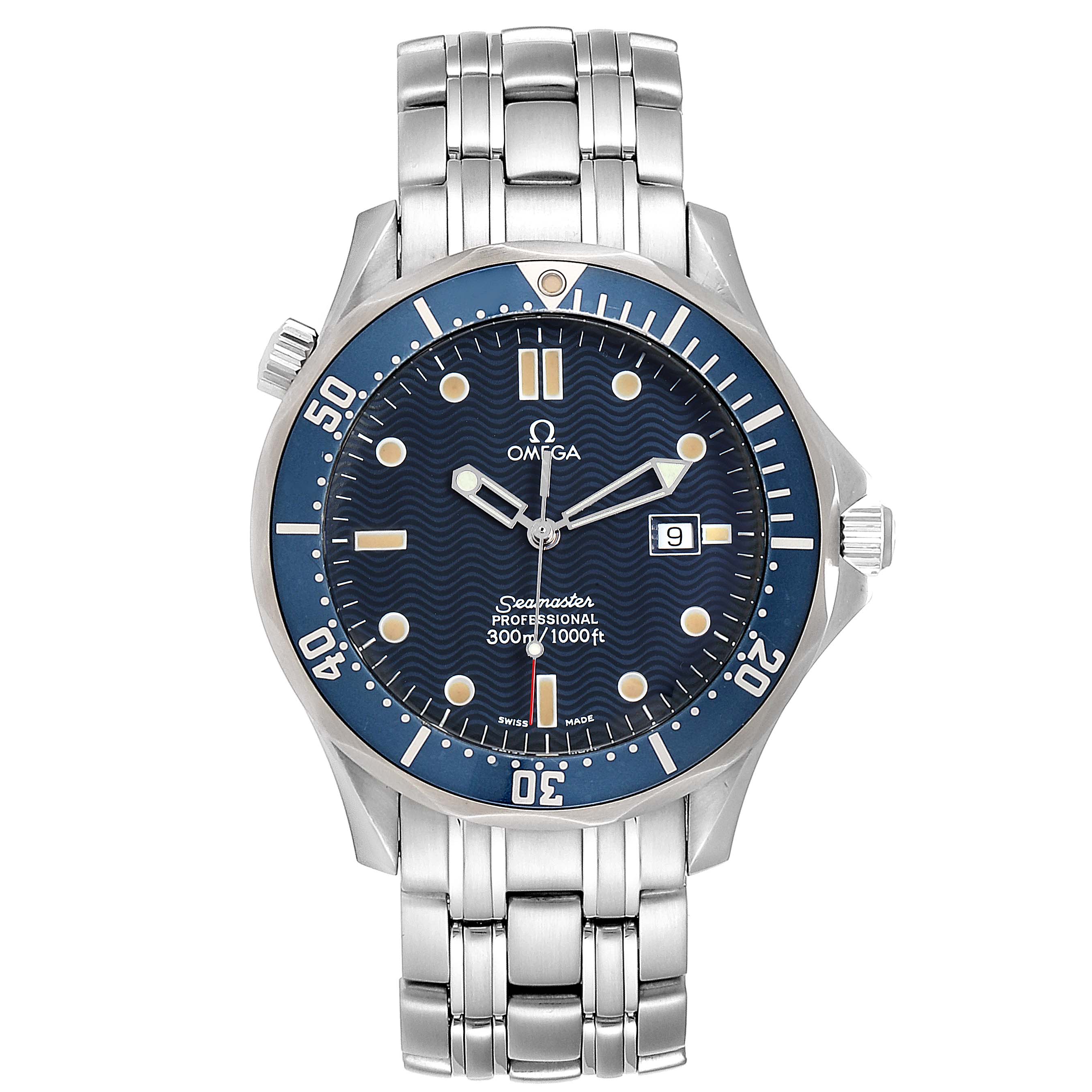 The image shows a front view of an Omega Seamaster 2541.80.00 Men
s Stainless Steel Blue Dial 2541.80.00 Men
s Stainless Steel Blue Dial watch, displaying the dial, bezel, and stainless steel bracelet.