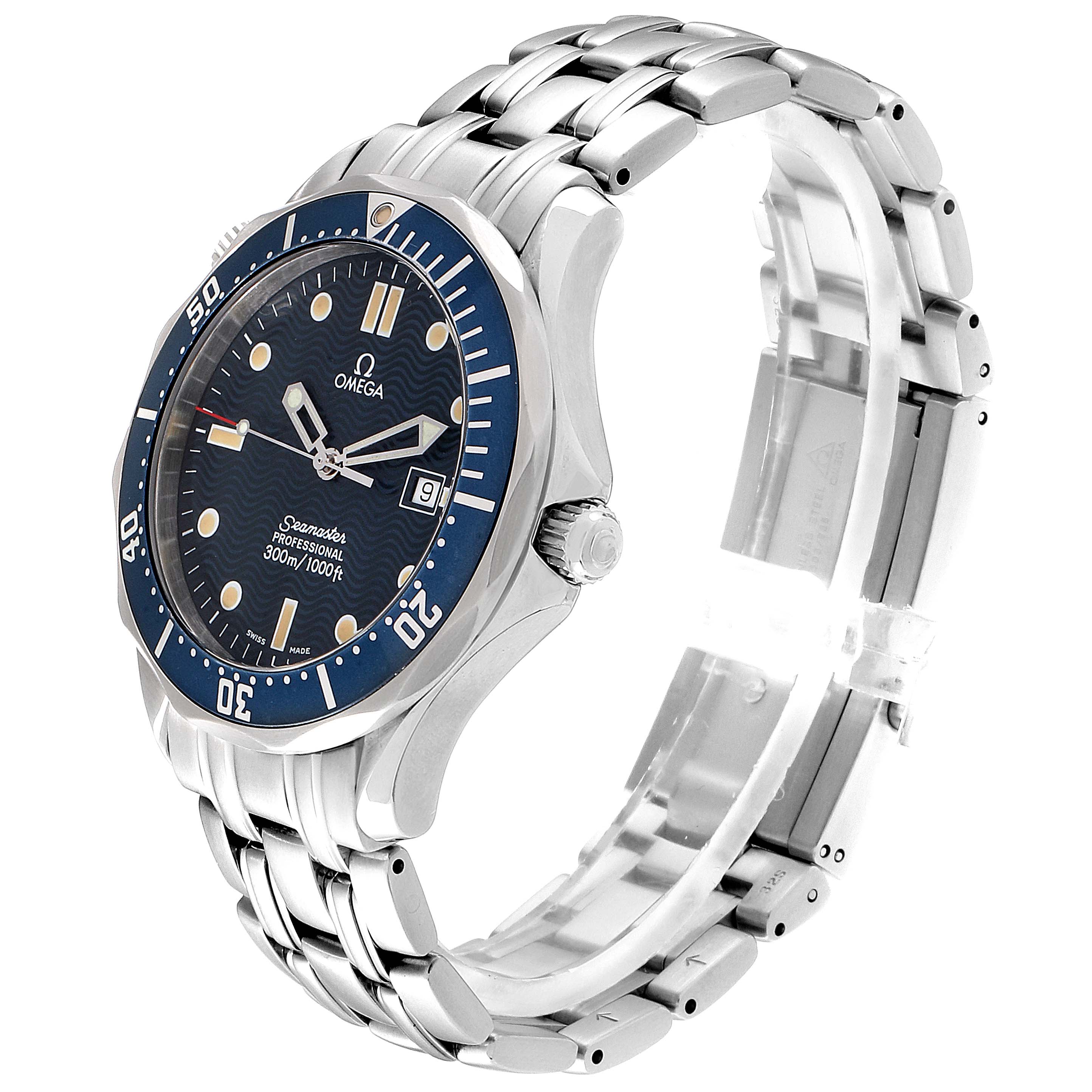 The image shows an Omega Seamaster 2541.80.00 Men
s Stainless Steel Blue Dial 2541.80.00 Men
s Stainless Steel Blue Dial watch at a three-quarter angle, displaying its face, bezel, case, crown, and bracelet.