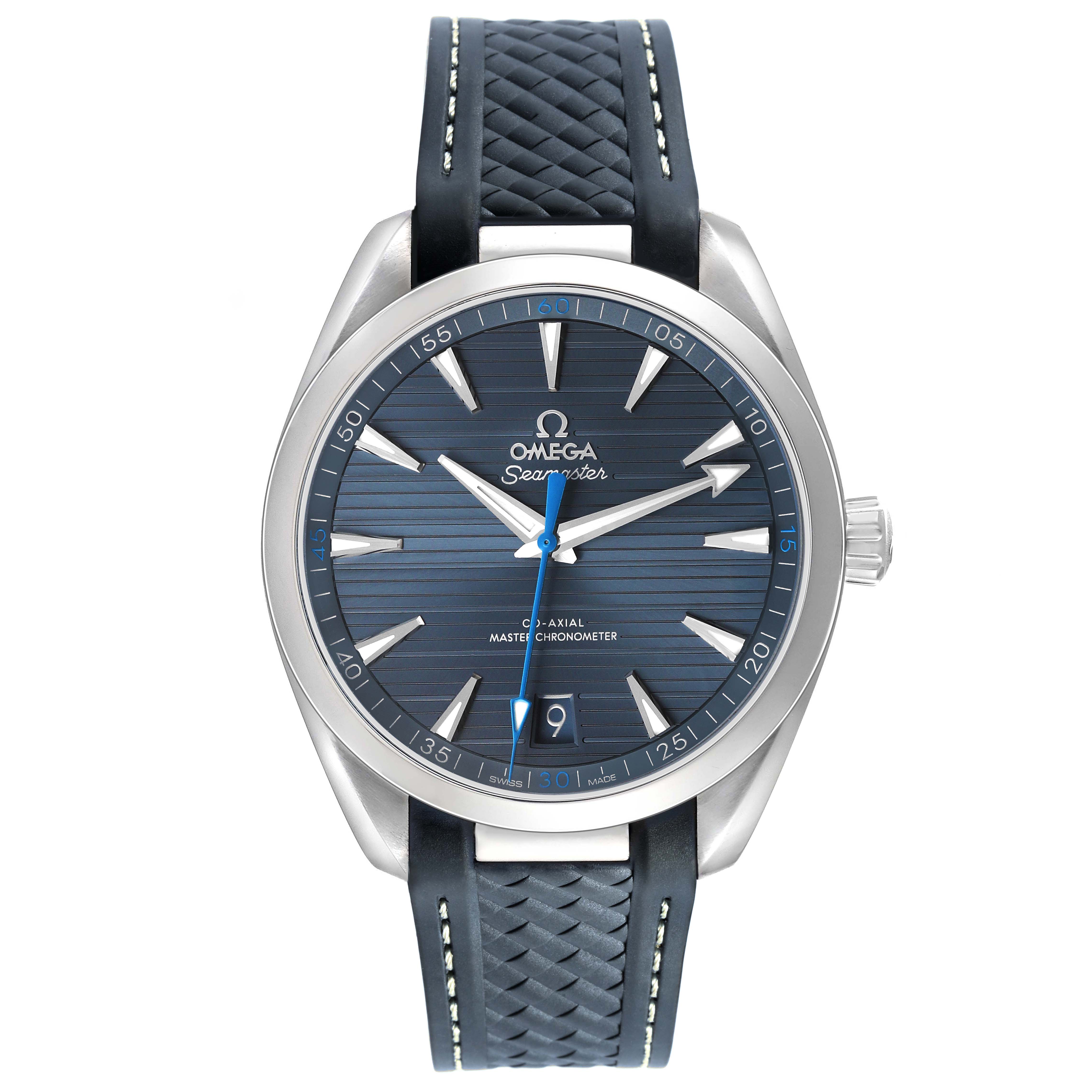 The Omega Aqua Terra 220.12.41.21.03.002 Men's Stainless Steel Blue Dial watch is shown from the front, displaying its face, bezel, and strap.
