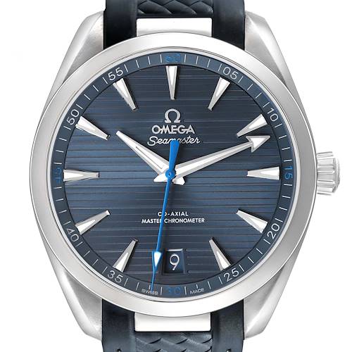 The Omega Aqua Terra 220.12.41.21.03.002 Men's Stainless Steel Blue Dial watch is shown from a front angle, displaying the face, bezel, and part of the strap.