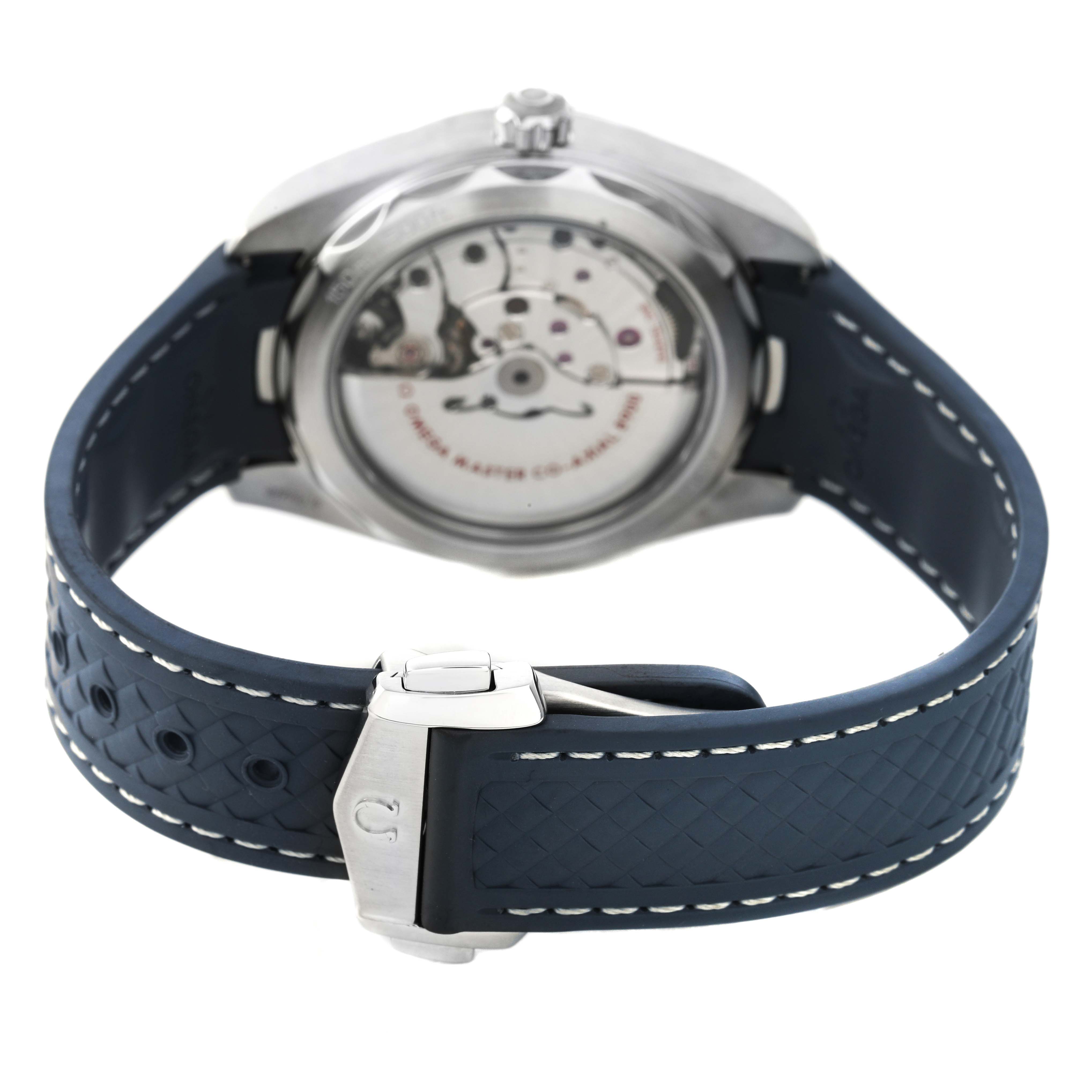 The Omega Aqua Terra 220.12.41.21.03.002 Men's Stainless Steel Blue Dial watch is shown from the back, displaying the clasp and movement through the transparent case back.