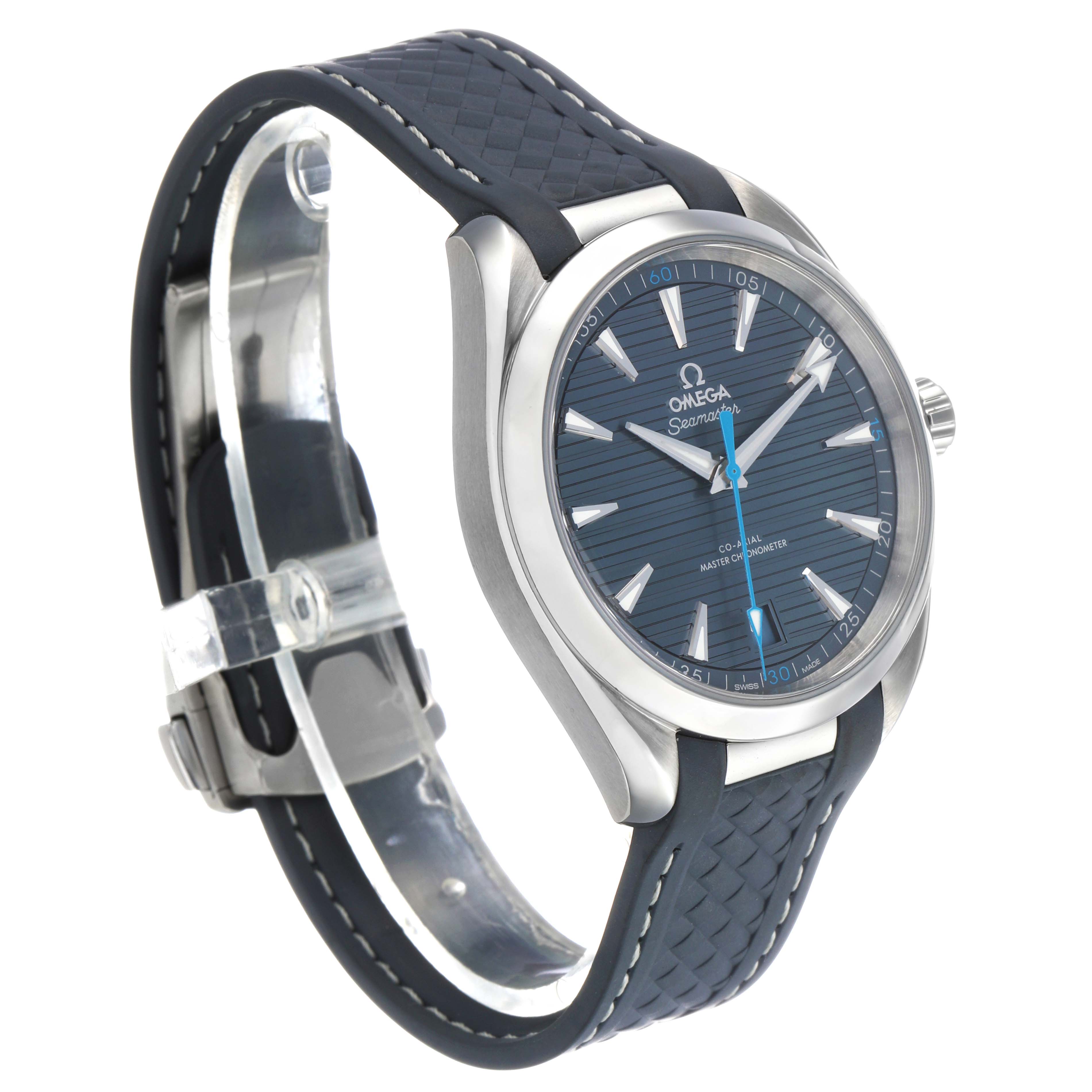 The Omega Aqua Terra 220.12.41.21.03.002 Men's Stainless Steel Blue Dial watch is shown at a three-quarter angle, highlighting the blue dial, bezel, and textured strap.