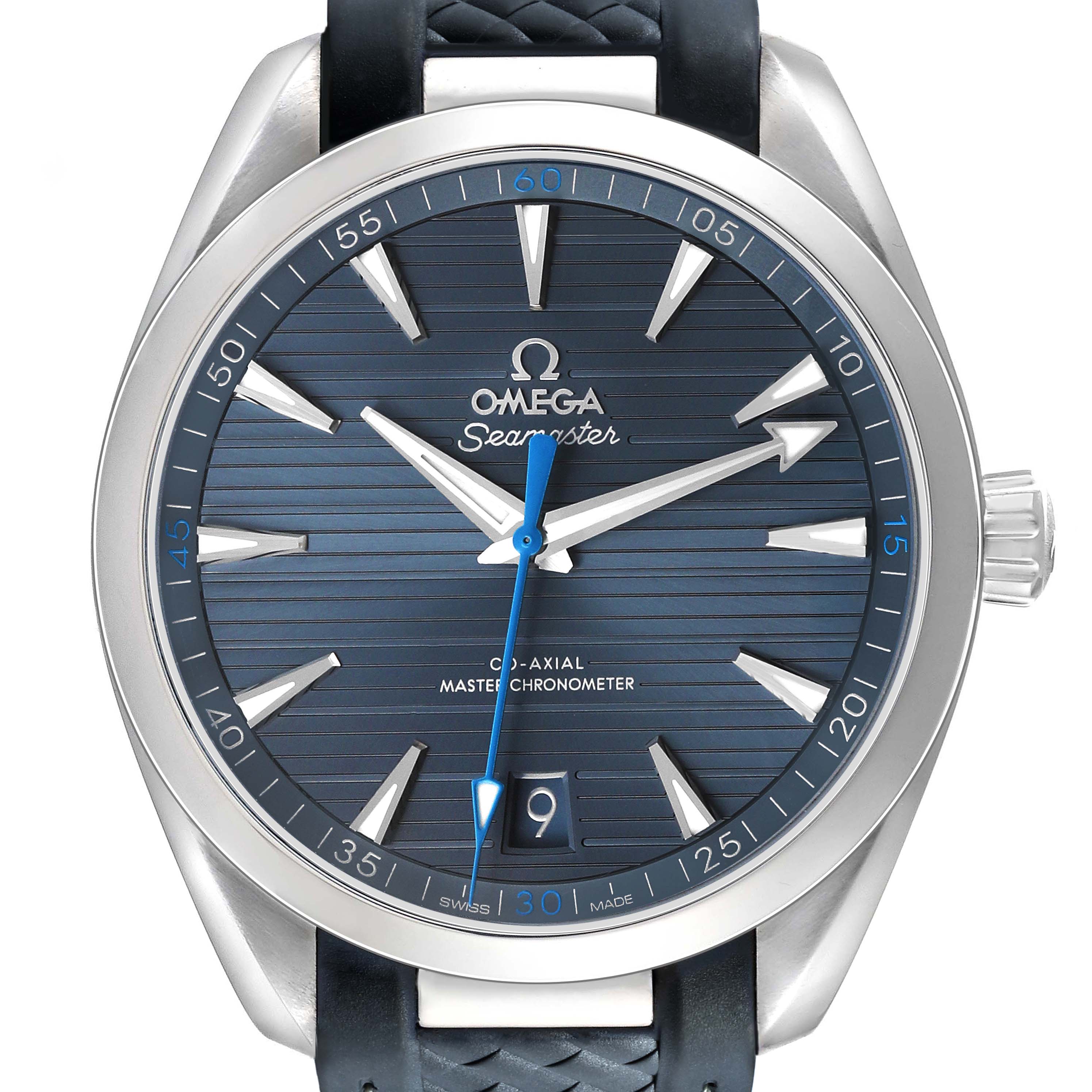 The Omega Aqua Terra 220.12.41.21.03.002 Men's Stainless Steel Blue Dial watch is shown from the front, highlighting the dial, bezel, hands, and part of the strap.