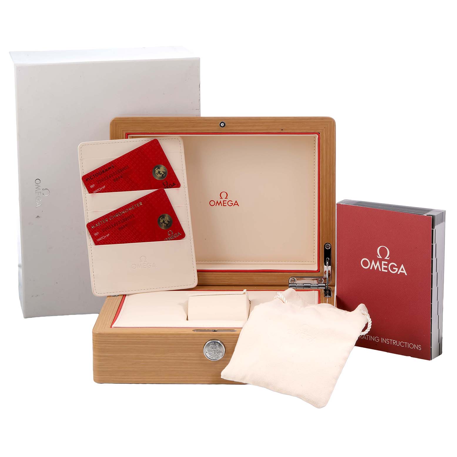The image shows the Omega Aqua Terra 220.12.41.21.03.002 Men's Stainless Steel Blue Dial watch accessories, including a wooden box, cards, a pouch, and a manual, all viewed from the front.