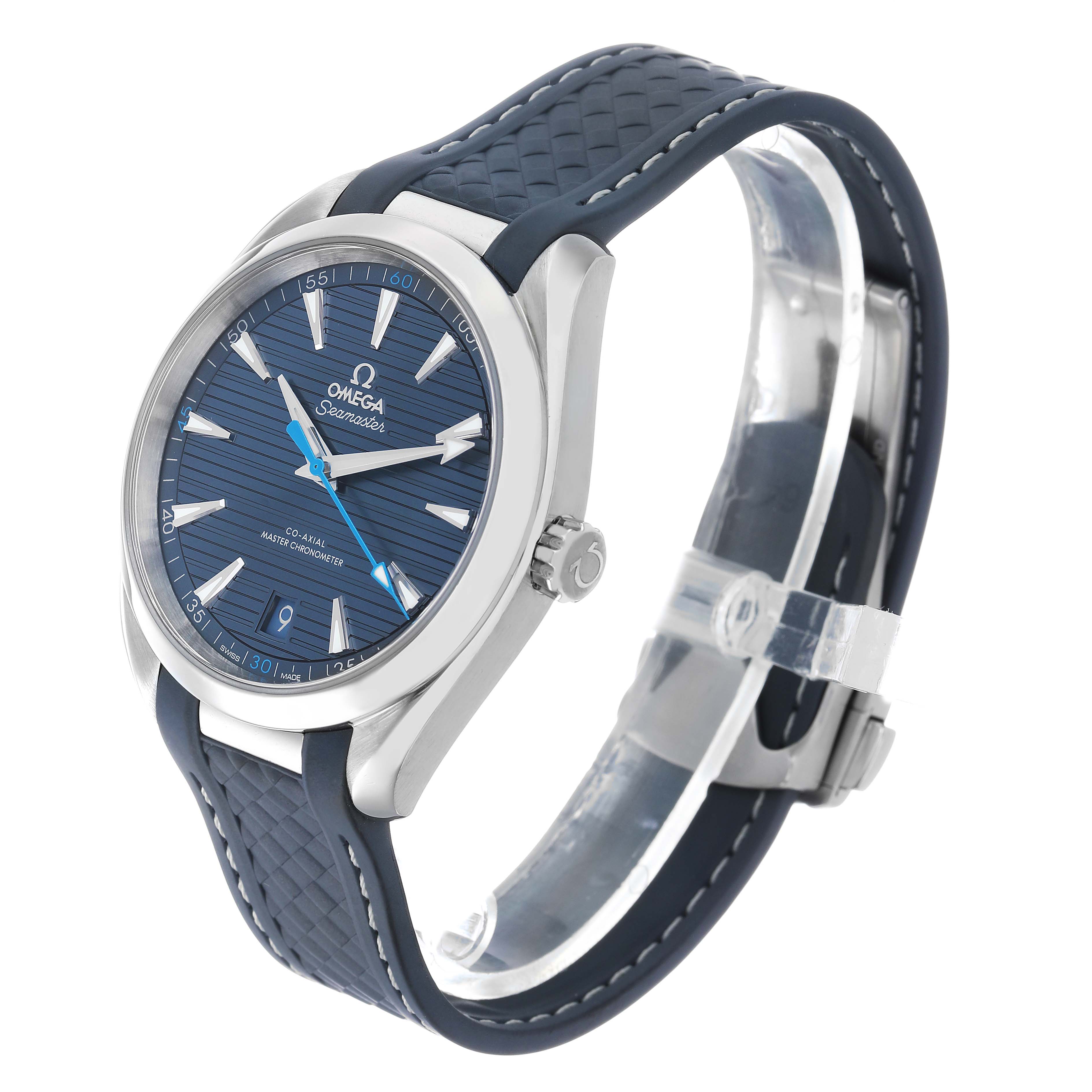 The Omega Aqua Terra 220.12.41.21.03.002 Men's Stainless Steel Blue Dial watch is shown at a slight angle, displaying the face, bezel, crown, and part of the rubber strap.
