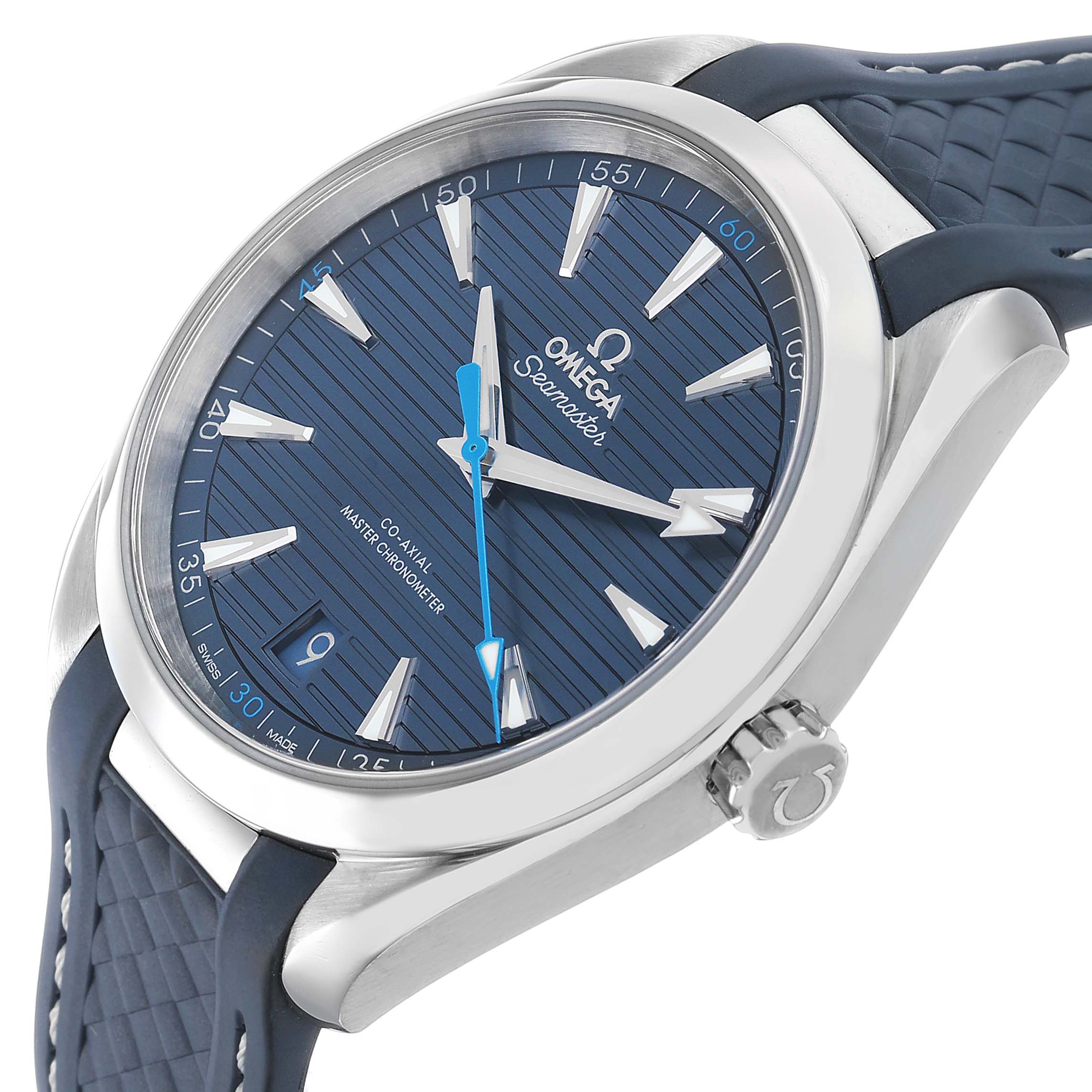 The Omega Aqua Terra 220.12.41.21.03.002 Men's Stainless Steel Blue Dial watch is shown from an angled front view, highlighting the dial, case, crown, and part of the strap.