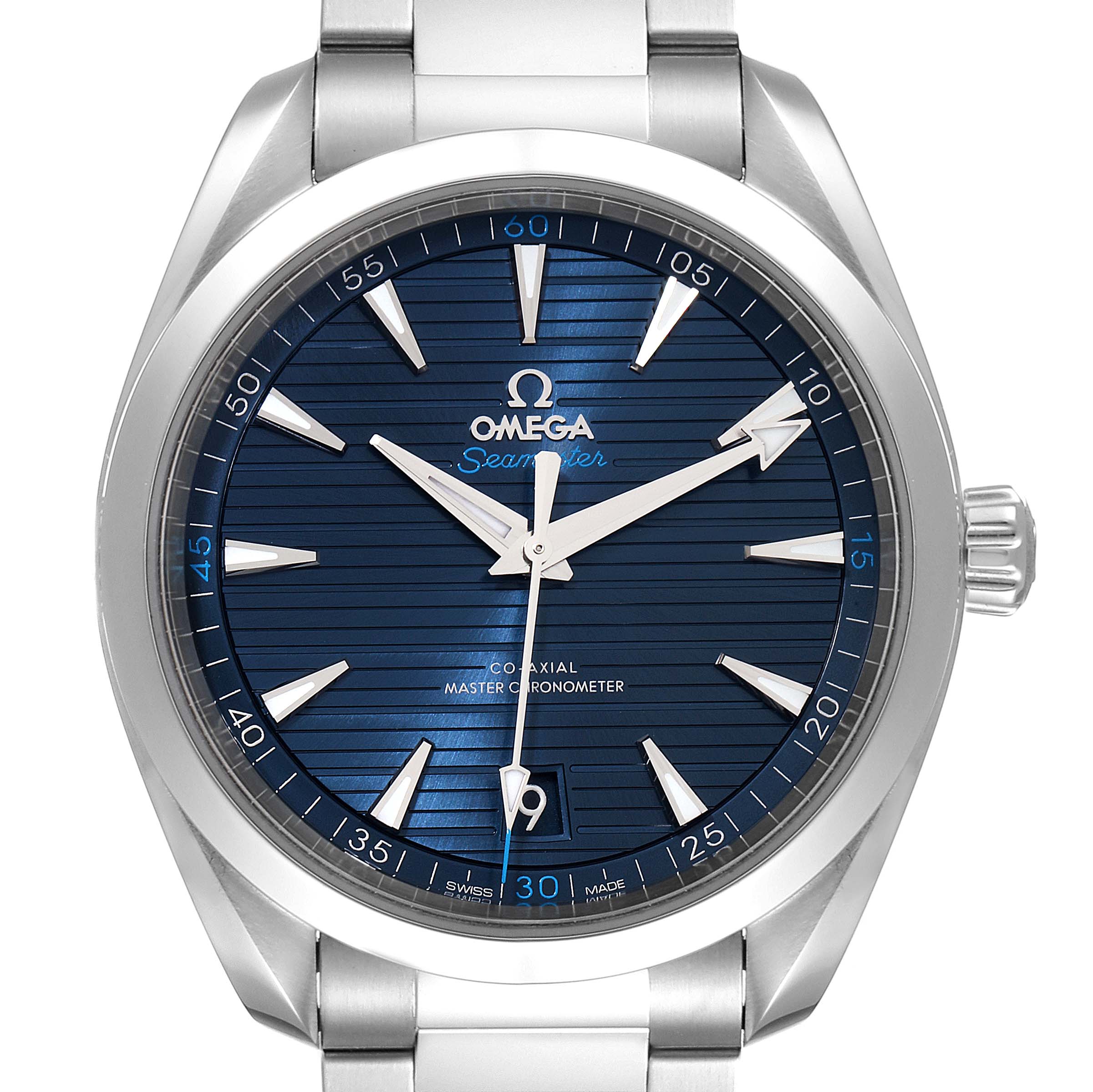 The image shows the face of an Omega Aqua Terra 220.10.41.21.03.001 Men
s Stainless Steel Blue Dial 220.10.41.21.03.001 Men
s Stainless Steel Blue Dial watch, highlighting its blue dial, silver hands, and metal bracelet.