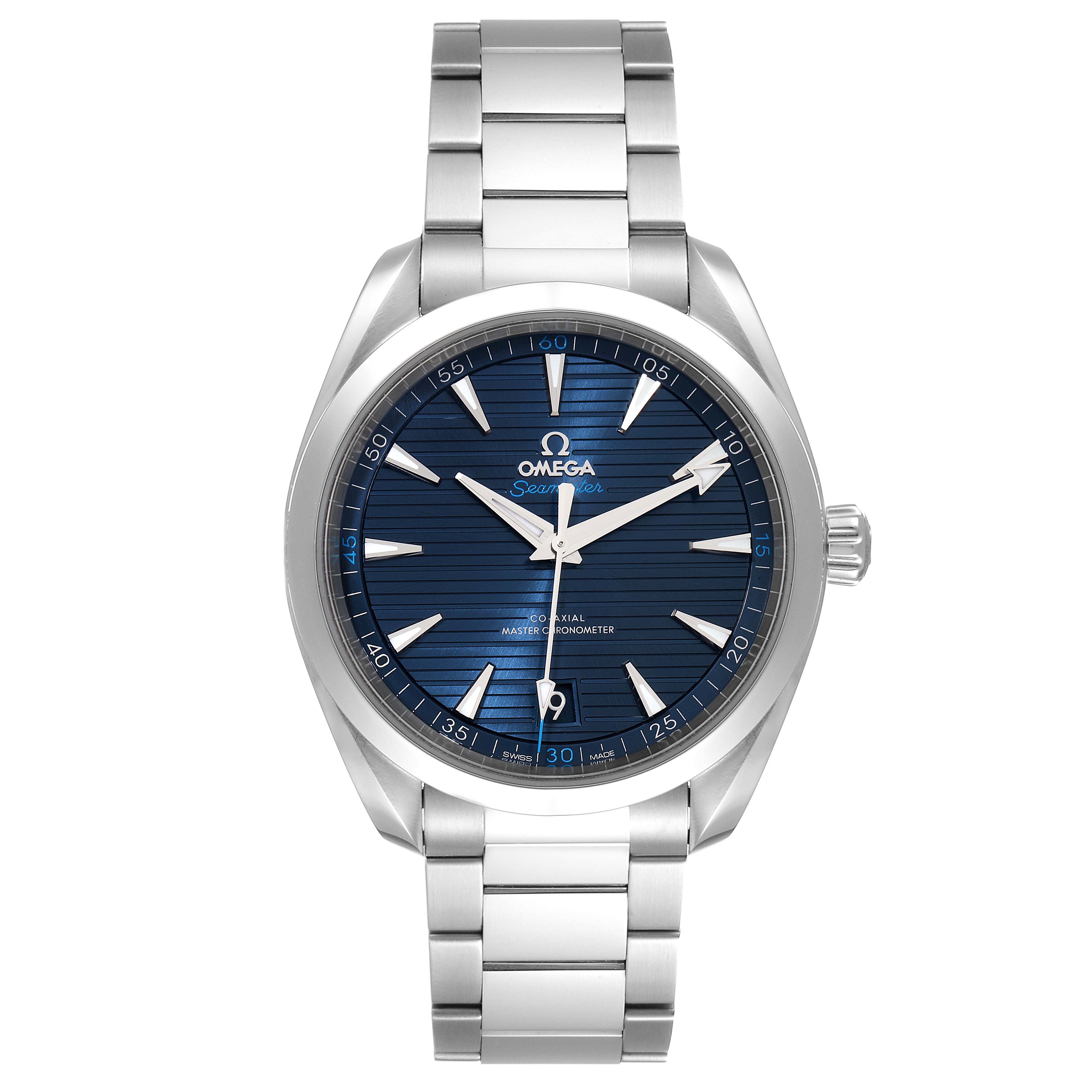 The image shows a front view of an Omega Aqua Terra 220.10.41.21.03.001 Men
s Stainless Steel Blue Dial 220.10.41.21.03.001 Men
s Stainless Steel Blue Dial watch with a blue dial and silver bracelet.