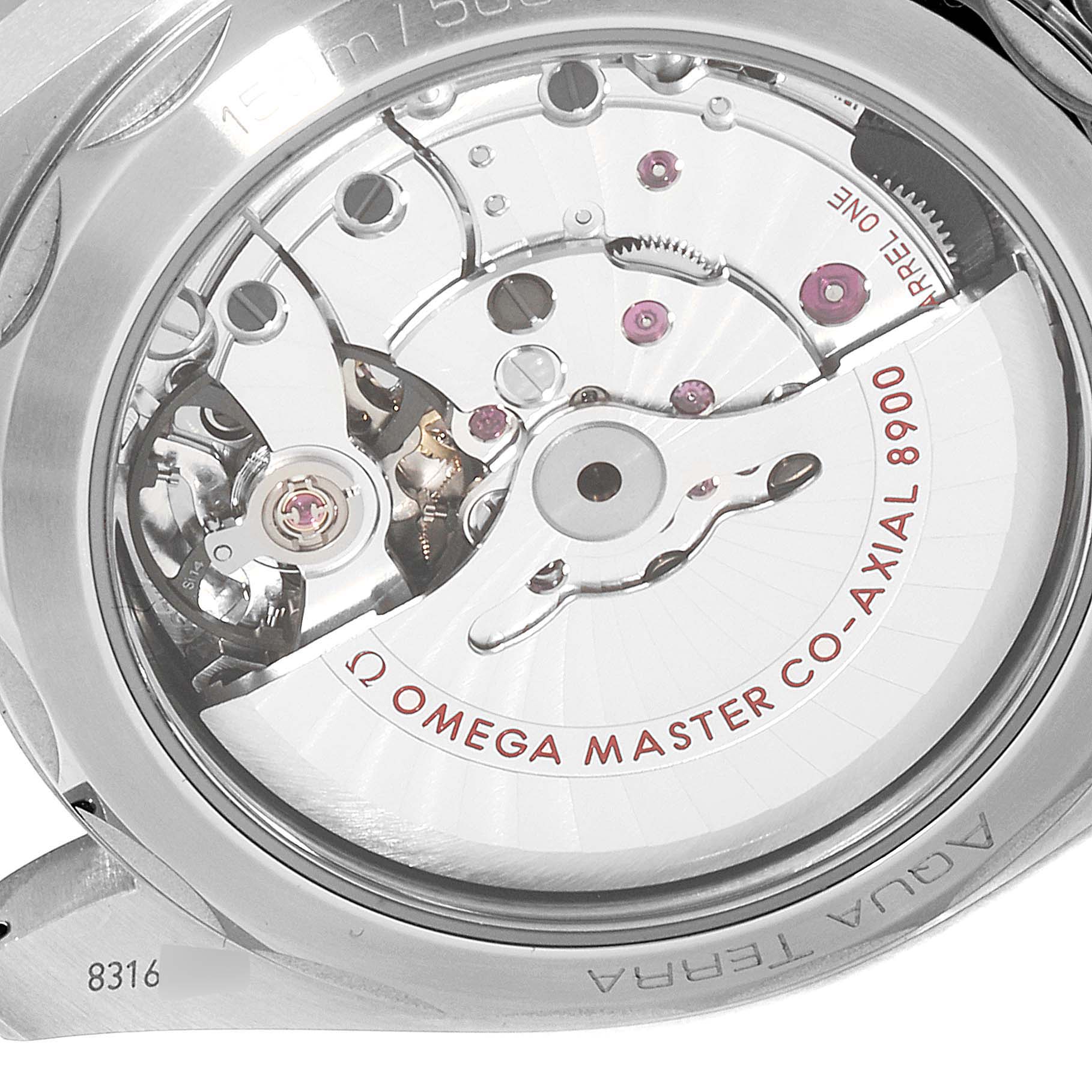 The image shows the back of an Omega Aqua Terra 220.10.41.21.03.001 Men
s Stainless Steel Blue Dial 220.10.41.21.03.001 Men
s Stainless Steel Blue Dial watch, showcasing its Omega Master Co-Axial 8900 movement.